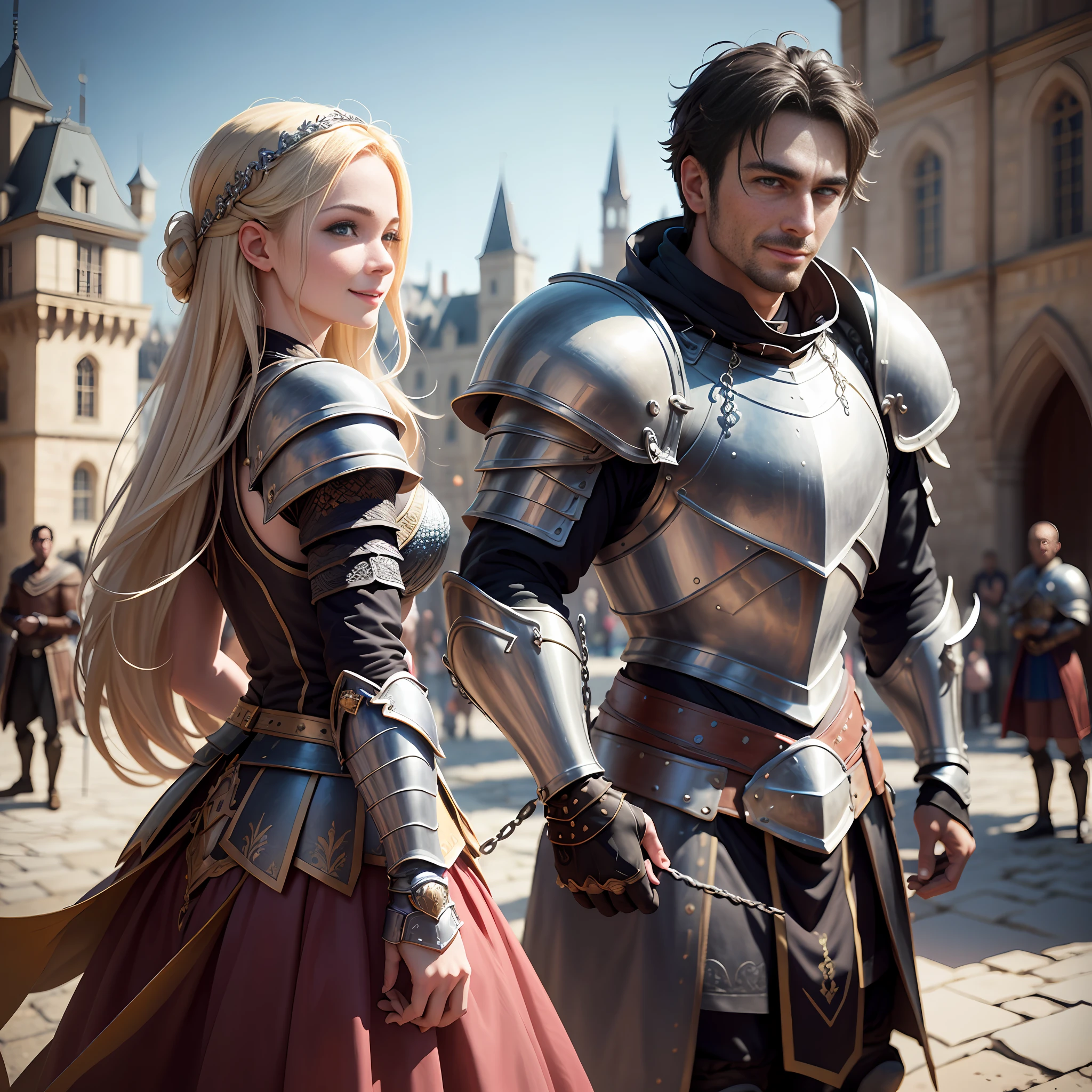 (((Medium shot))), couple, (a man and a woman), two individuals, outside the castle, jousting, playful, playful, sweet, happy, smile, armor, chain mail, armor, happy, pretty eyes, playful, surrealism, pov, romanticism, cinematic lighting, 8K, UHD, masterpiece, ccurate, anatomically correct, textured skin, high detail, high quality, high resolution, award-winning, best quality, 16K, bad body, bad hands, bad legs.