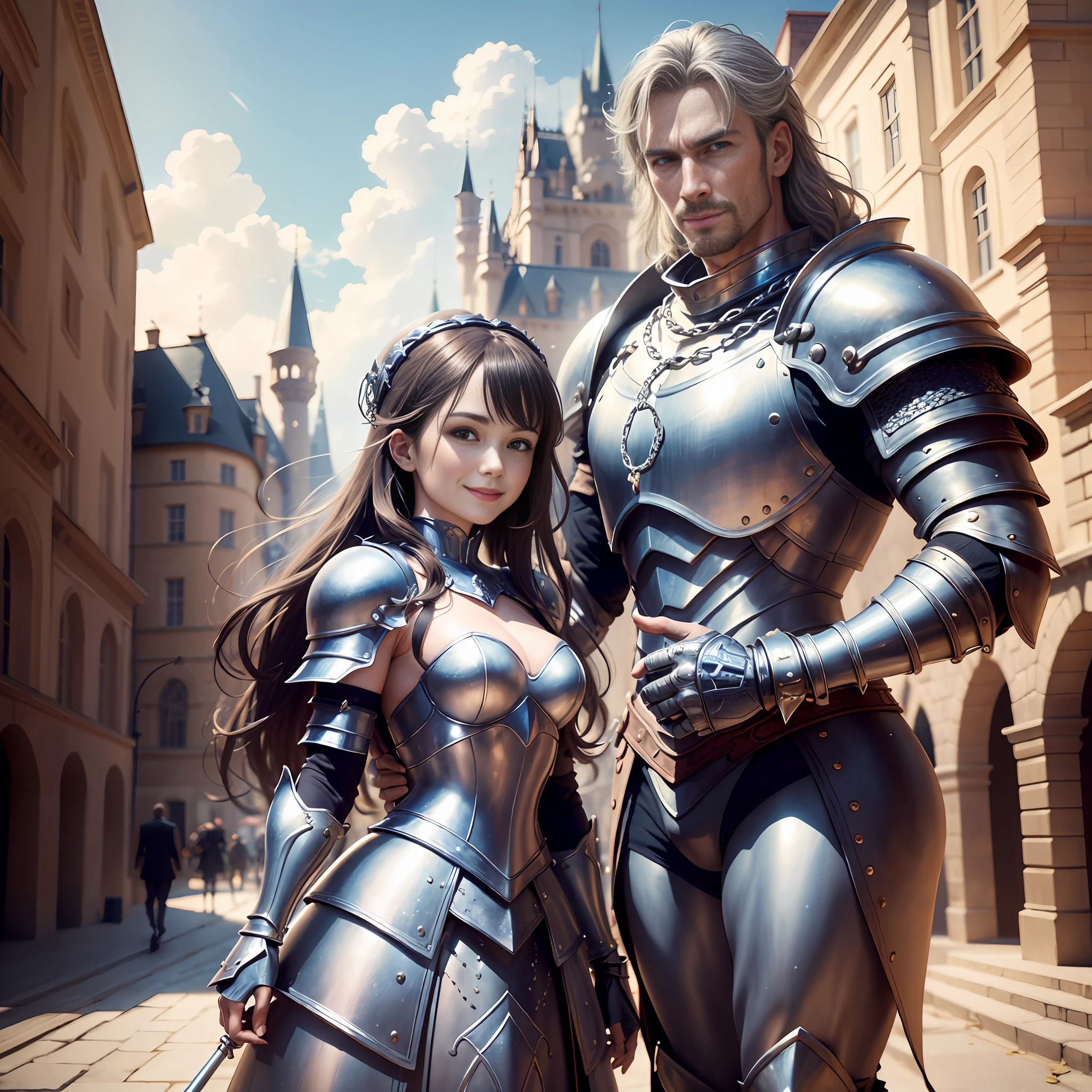 (((Medium shot))), couple, (a man and a woman), two individuals, outside the castle, jousting, playful, playful, sweet, happy, smile, armor, chain mail, armor, happy, pretty eyes, playful, surrealism, pov, romanticism, cinematic lighting, 8K, UHD, masterpiece, ccurate, anatomically correct, textured skin, high detail, high quality, high resolution, award-winning, best quality, 16K, bad body, bad hands, bad legs.