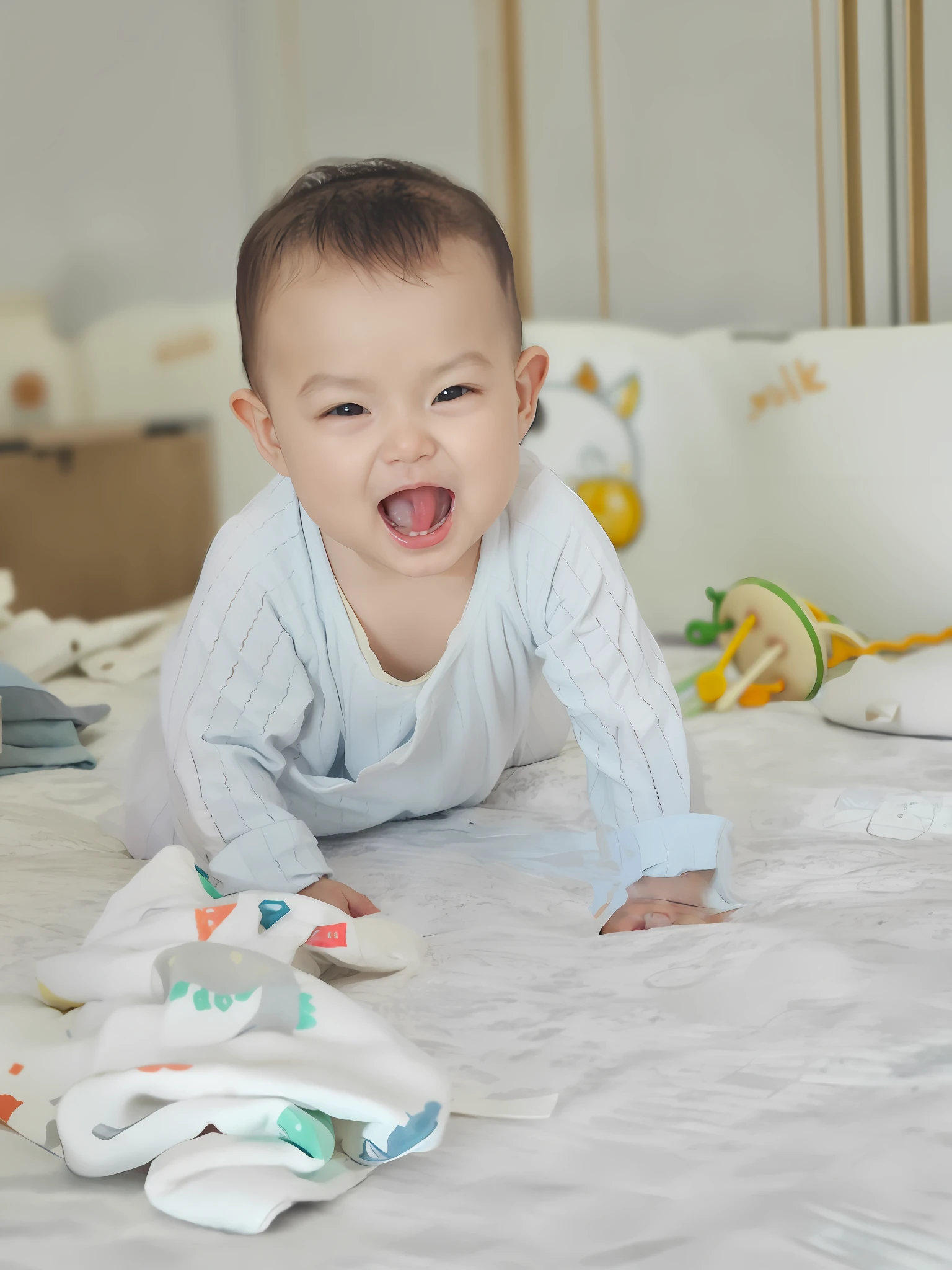 The painting style is fresh
Baby lying on bed, covered with blanket, crawling towards the camera, cute boy, happy , playful smile. He crawled on the ground, his mouth open and happy, smiling playfully. With a happy expression, smiling happily at the camera, smiling sweetly, with cute doting eyes, young children.