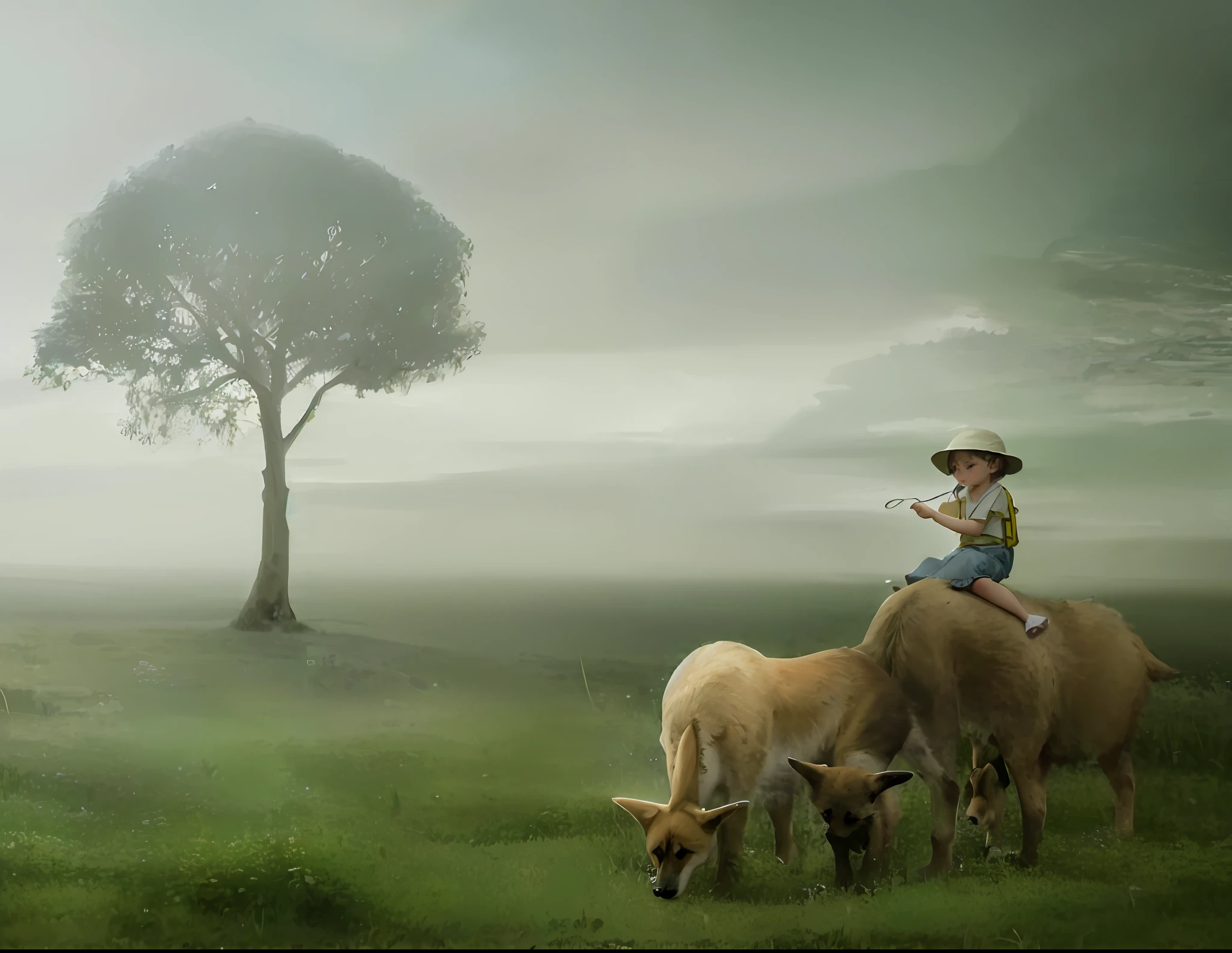 Tip: A very charming little girl with a backpack and her cute puppy enjoying a lovely spring outing surrounded by beautiful yellow flowers and nature. The illustration is a high-definition illustration in 4k resolution, featuring highly detailed facial features and cartoon-style visuals.