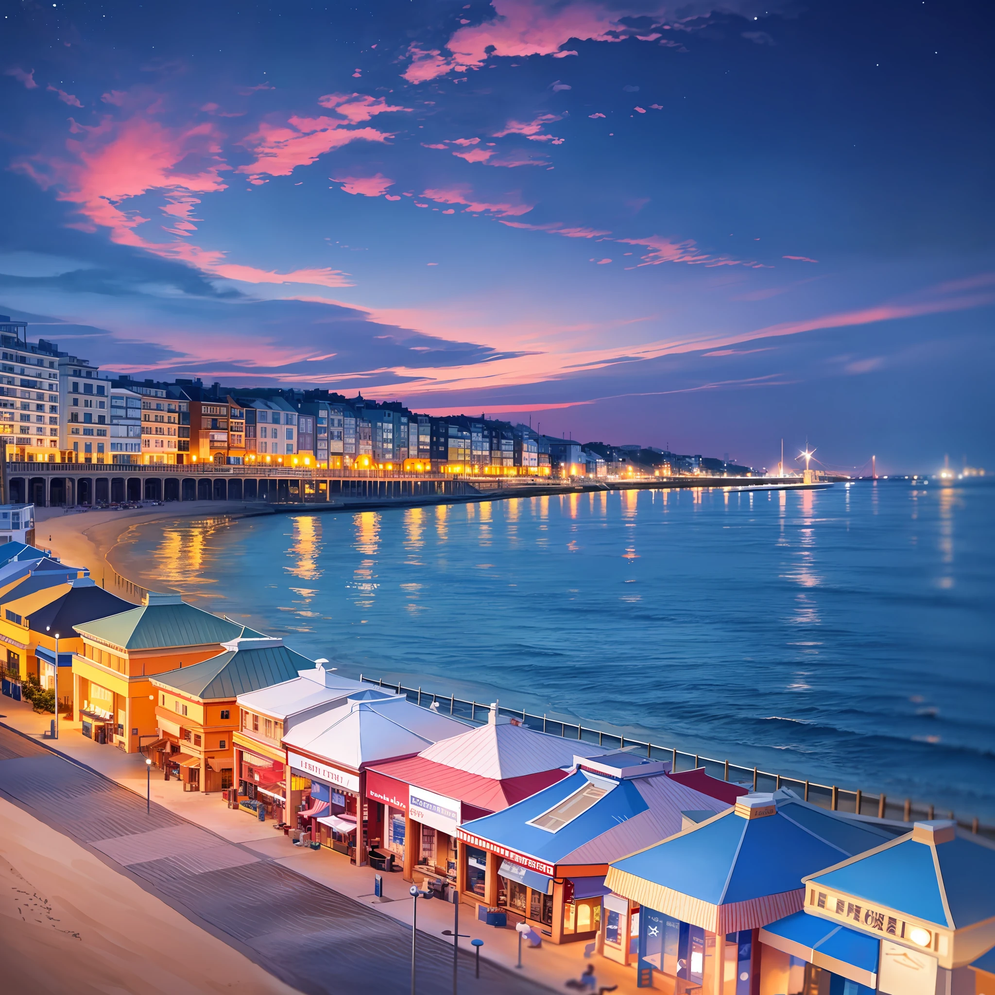 Seaside town, beach, night
