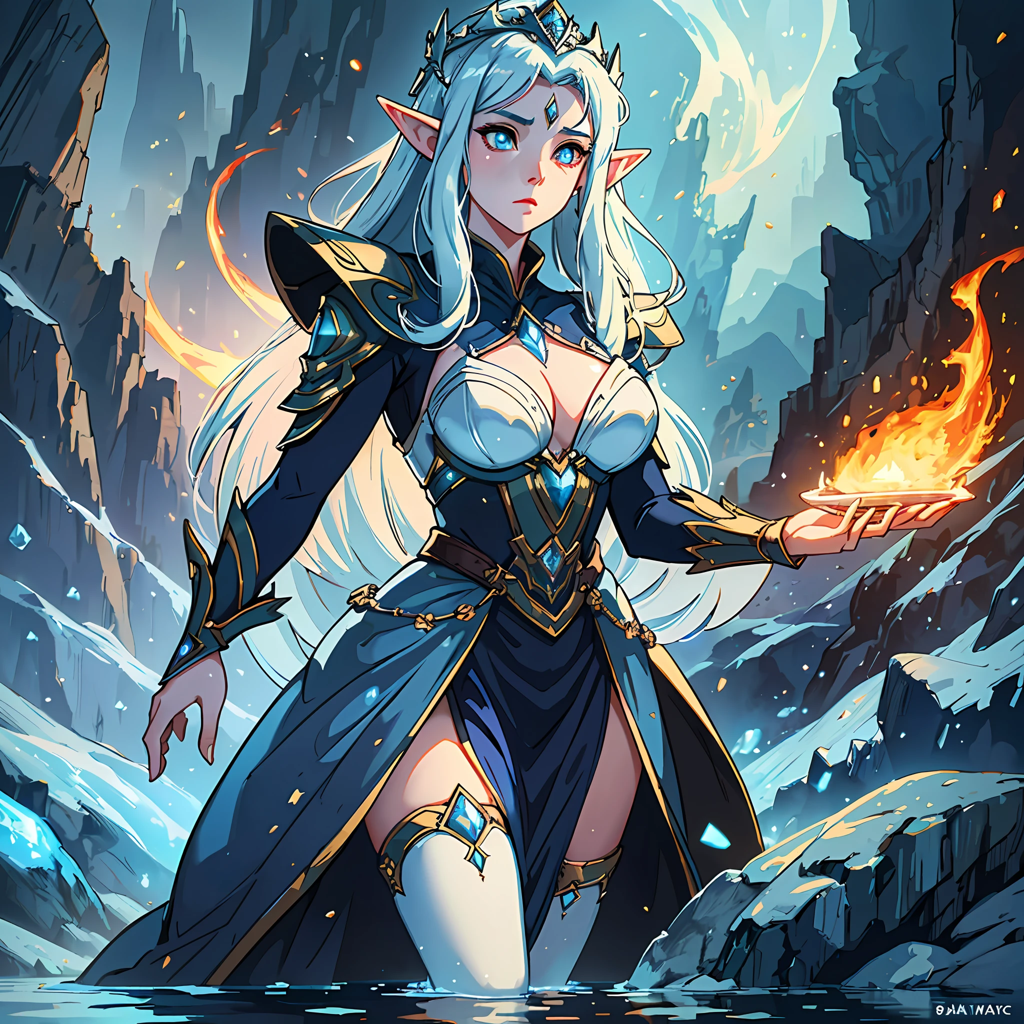 (Best Quality, Best Detail, Masterpiece), 1 beautiful elf queen, standing on the water, clear face, haughty expression, glowing eyes, blurred reflection, huge valley in the background, elements of ice and fire, particles, ray tracing, HD rendering, HD detail, epic composition, 8K