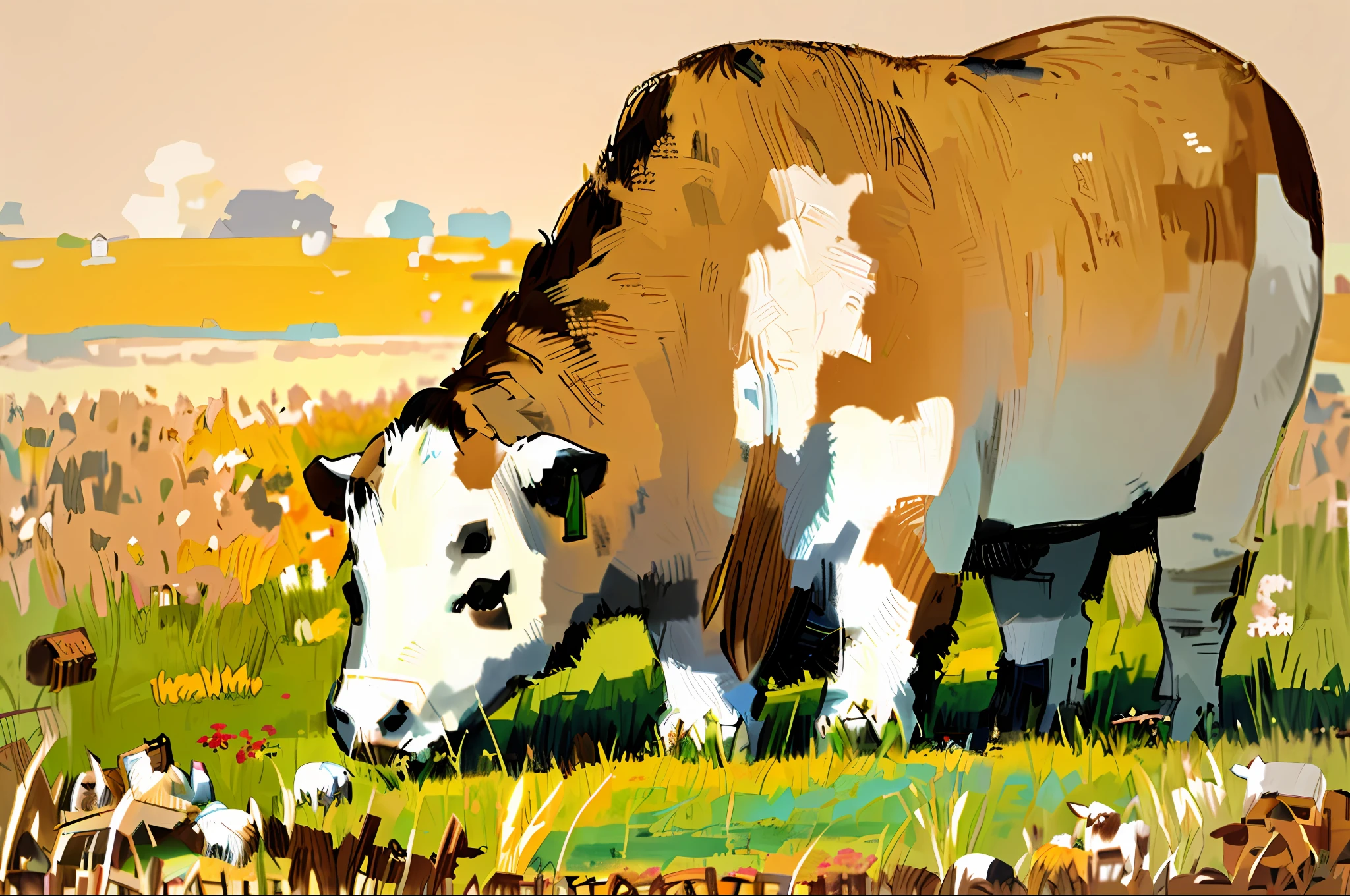 There is a brown and white cow grazing in the field, cartoon picture, storybook illustration of Kubisi art, pixiv contest winner, autumn background, cute, autumn, full color digital illustration, hand drawn cartoon art style