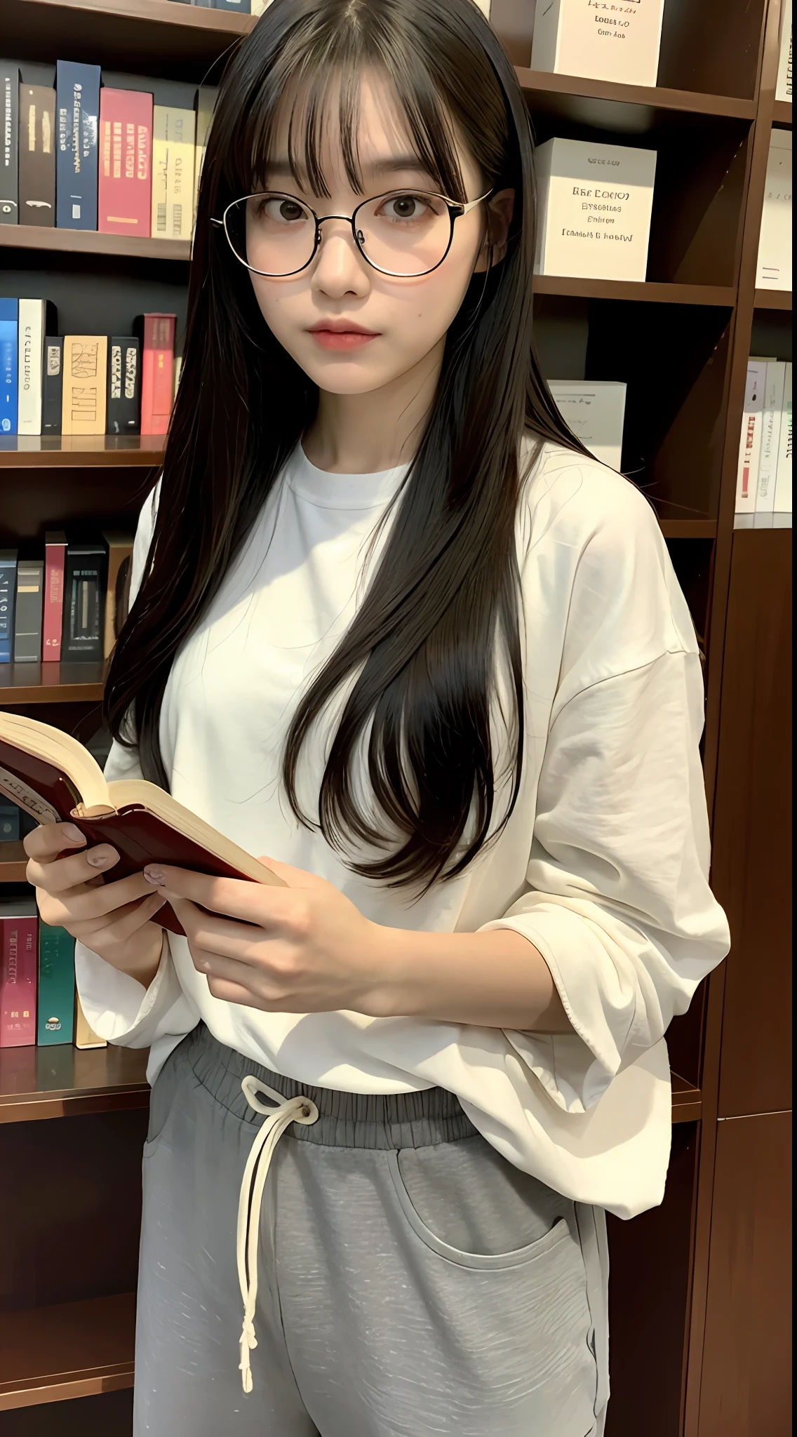(Best quality, 8k, 32k, masterpiece, UHD: 1.2), photo beautiful japanese woman, 1 girl, (dark black long hair), bangs, double eyelids, room, bad fashion, big white t-shirt, sweatpants, standing in the library, glasses, reading a book, body leaning against the shelf, upper body, holding a book