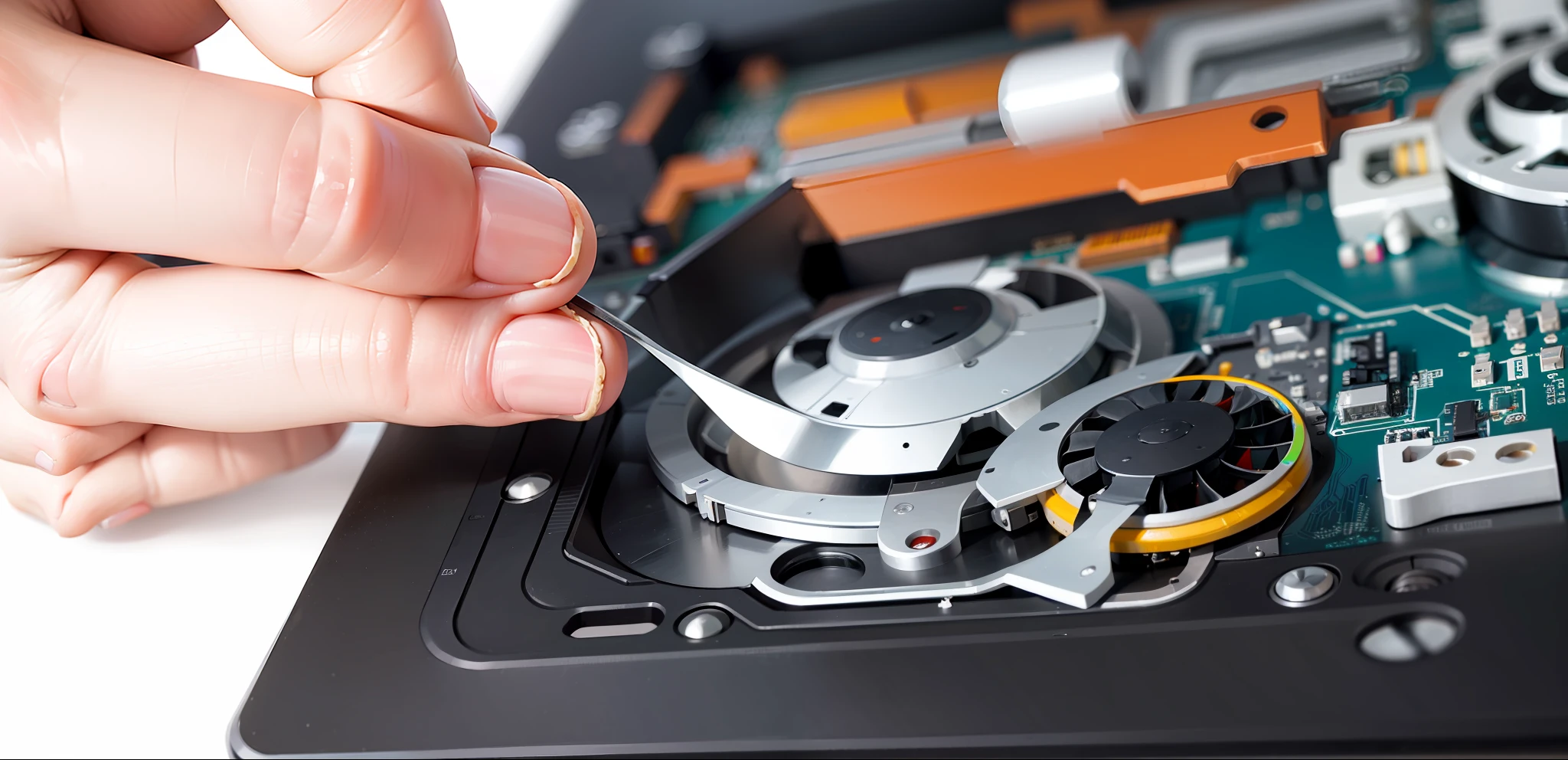 someone is removing the fan from the motherboard of a laptop, disassembling the computer, closeup, maintenance, photo maintenance, digitally enhanced, computers, repairing each other, overclocking, liquid cooling, advanced technology, watercooling, sharp detail, closeup portrait shot
