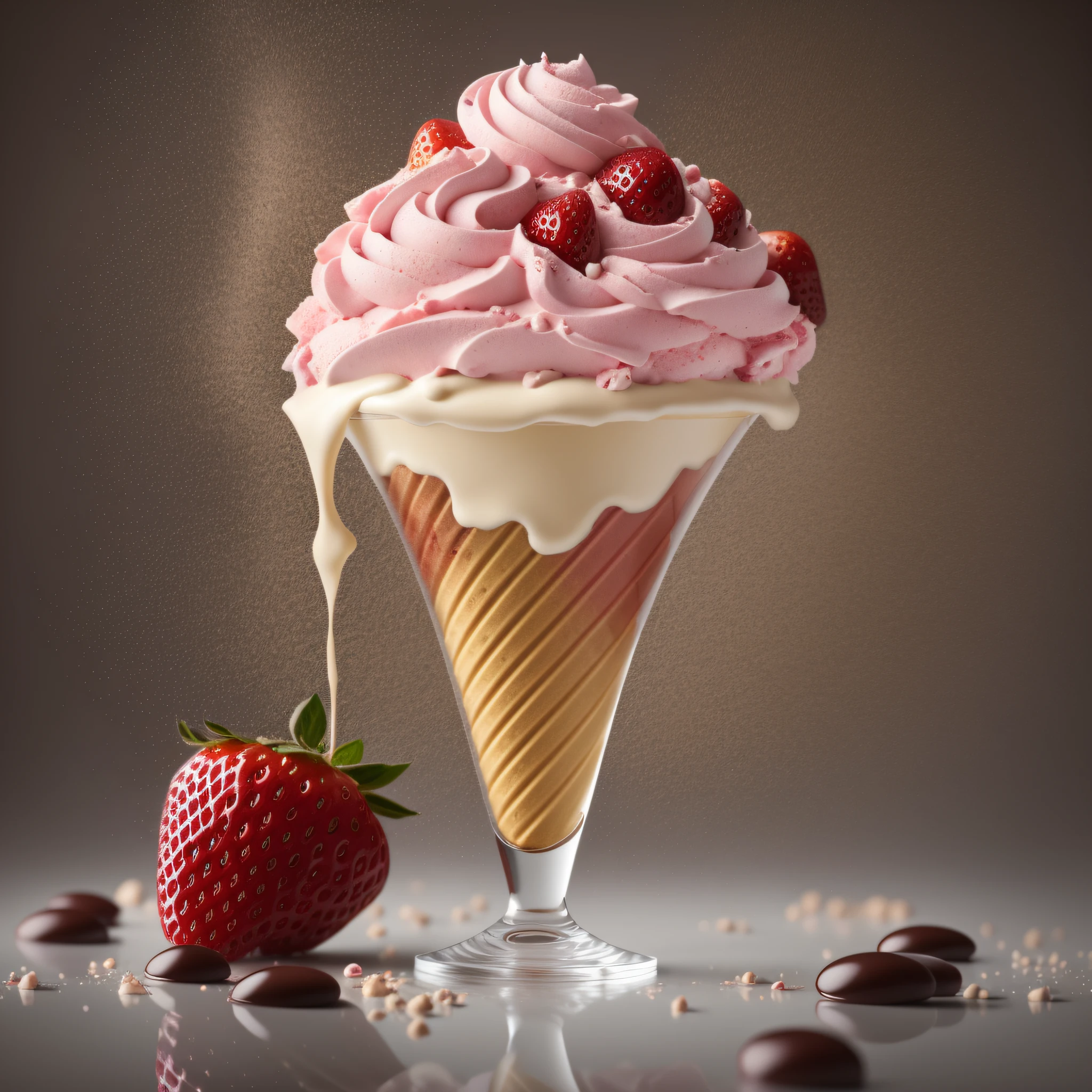 strawberry ice cream sundae, realistic, high detail, complex, sharp focus, 8K, HD, Full HD, Ultra HD, Super Resolution, Mega Pixel, Subsurface Scattering, Edge Lighting, Edge Light, Edge Lighting, Edge Lighting, Best Lighting, Refreshing, Lumens Reflection, Screen Space Reflection, Post Processing, Post Production, TXAA, Denoising, Shader (Color Fruit Fusion: 0.222) (BRTDRPP:1.122)( Sprinkle with Chocolate Beans: 0.444)