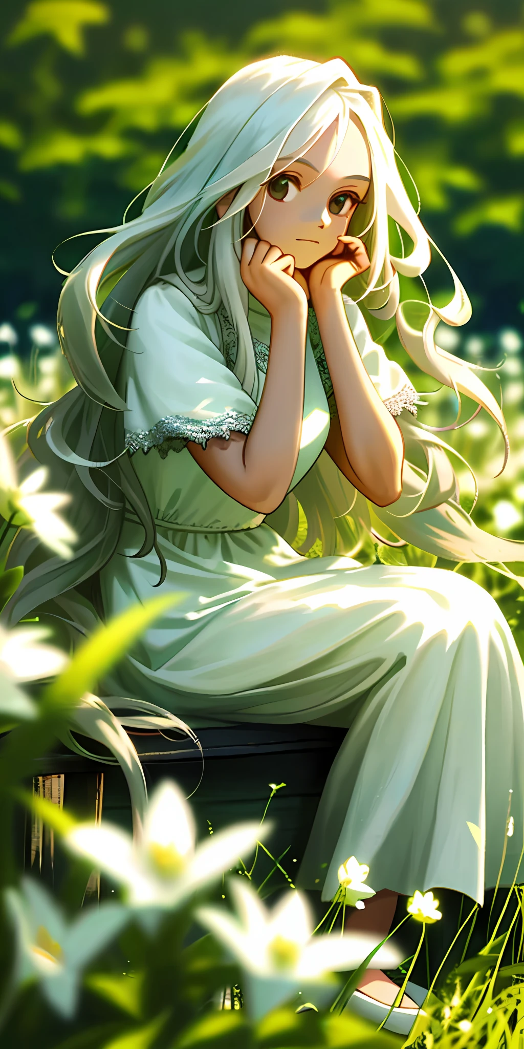 (masterpiece, best quality),1girl with long white hair sitting in a field of green plants and flowers, her hand under her chin, warm lighting, white dress, blurry foreground