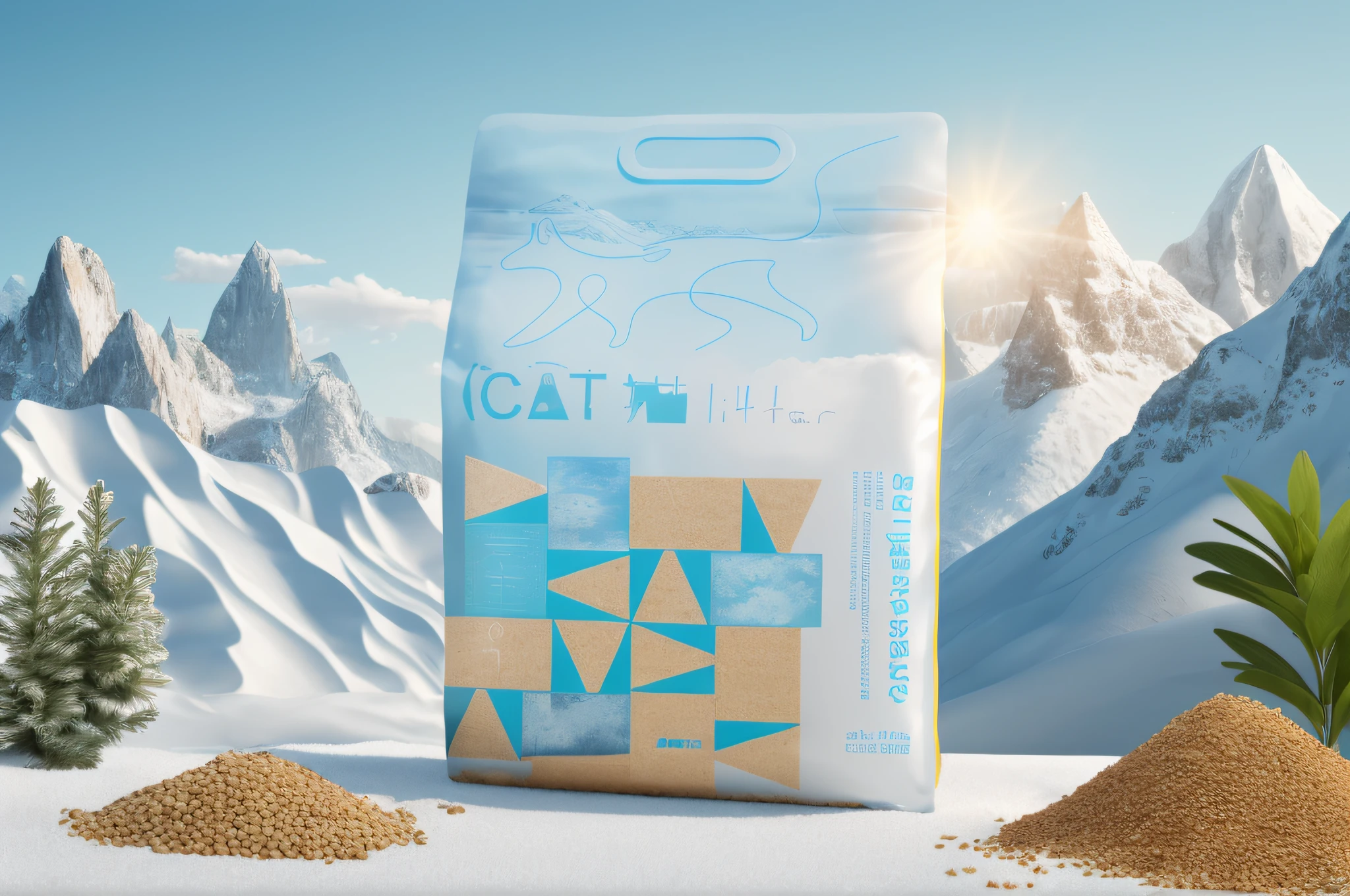 A product drawing of cat litter, masterpiece, best quality, a cat lying on the product (very detailed CG unity 8k walls) (natural elements), (mountain peaks), (blue sky) (best illustration), (best shadows), snow mountain theme with natural elements. (Particle Effects). , isometric 3D, Octane dye, light tracking, super detailed
