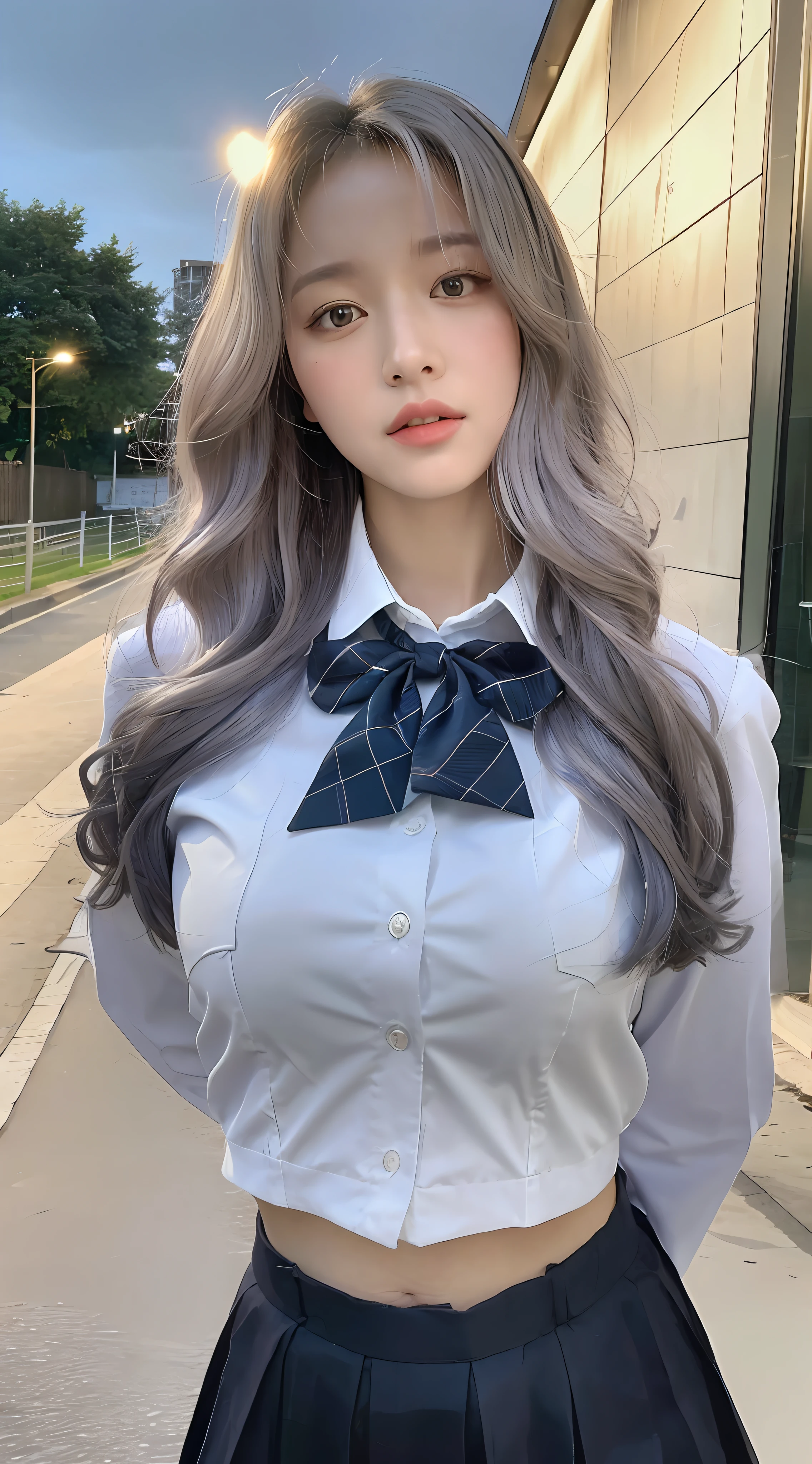 ((Realistic lighting, Best quality, 8K, Masterpiece: 1.3)), Clear focus: 1.2, 1girl, Perfect Body Beauty: 1.4, Slim Abs: 1.1, ((Silver hair, Big Tits: 1.3)), Cowgirl pose, (Outdoor, Night: 1.1), City Street, Super Fine Face, Fine Eyes, Double Eyelids, Curly Hair, JK Uniform
