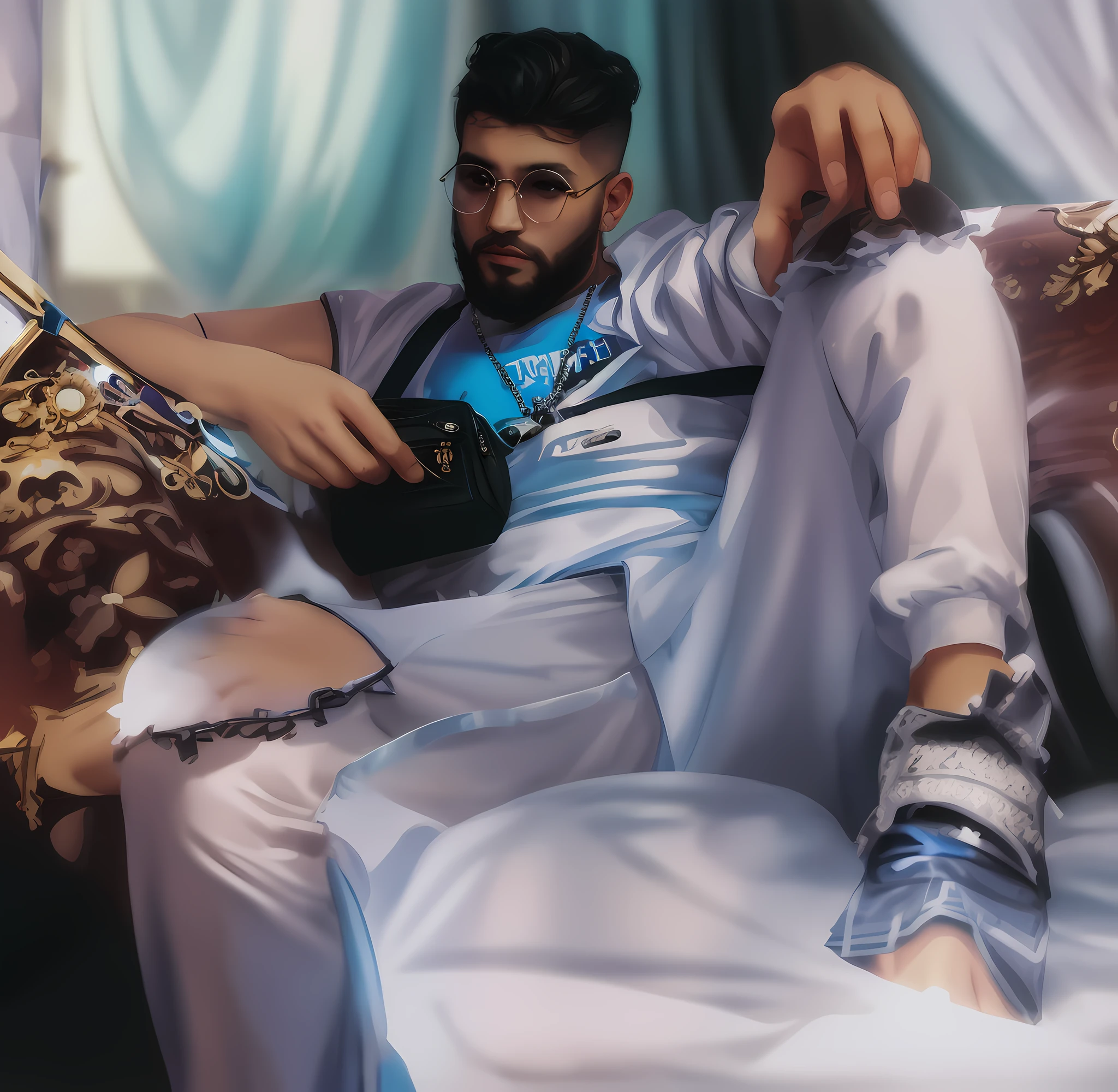 the (same man) in the photo sitting on a royal throne, keeping the personal characteristics of the character, with a male shoulder bag prada, sitting on a royal throne, sitting casually, very high quality image, like the same facial features, sitting on the king's throne, sitting on the imperial throne, casual pose, sitting on a throne, looking cool and elegant, high quality photo, clothing photo, 8k image, in drill rap music video, taken with a Canon EOS R camera with 50mm f/1.8 lens, f/2.2 aperture, 1/200s shutter speed, ISO 100 and natural light, Full Body, hyper-realistic photography, cinematic, cinema, hyperdetail, UHD, color correction, hdr, color grading, hyper-realistic CG animation (same face)