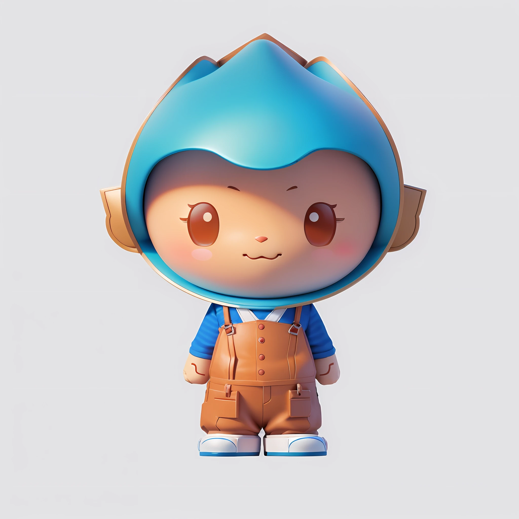There is a small toy with blue hat and overalls, 3d model of Japanese mascot, 3 D rendering stylization, cute 3 D rendering, stylized characters, cute characters, cute cartoon characters, 3d characters, highly detailed characters, stylized character designs, 3 d character rendering, very stylized character designs, high detail iconic characters, grass, woods