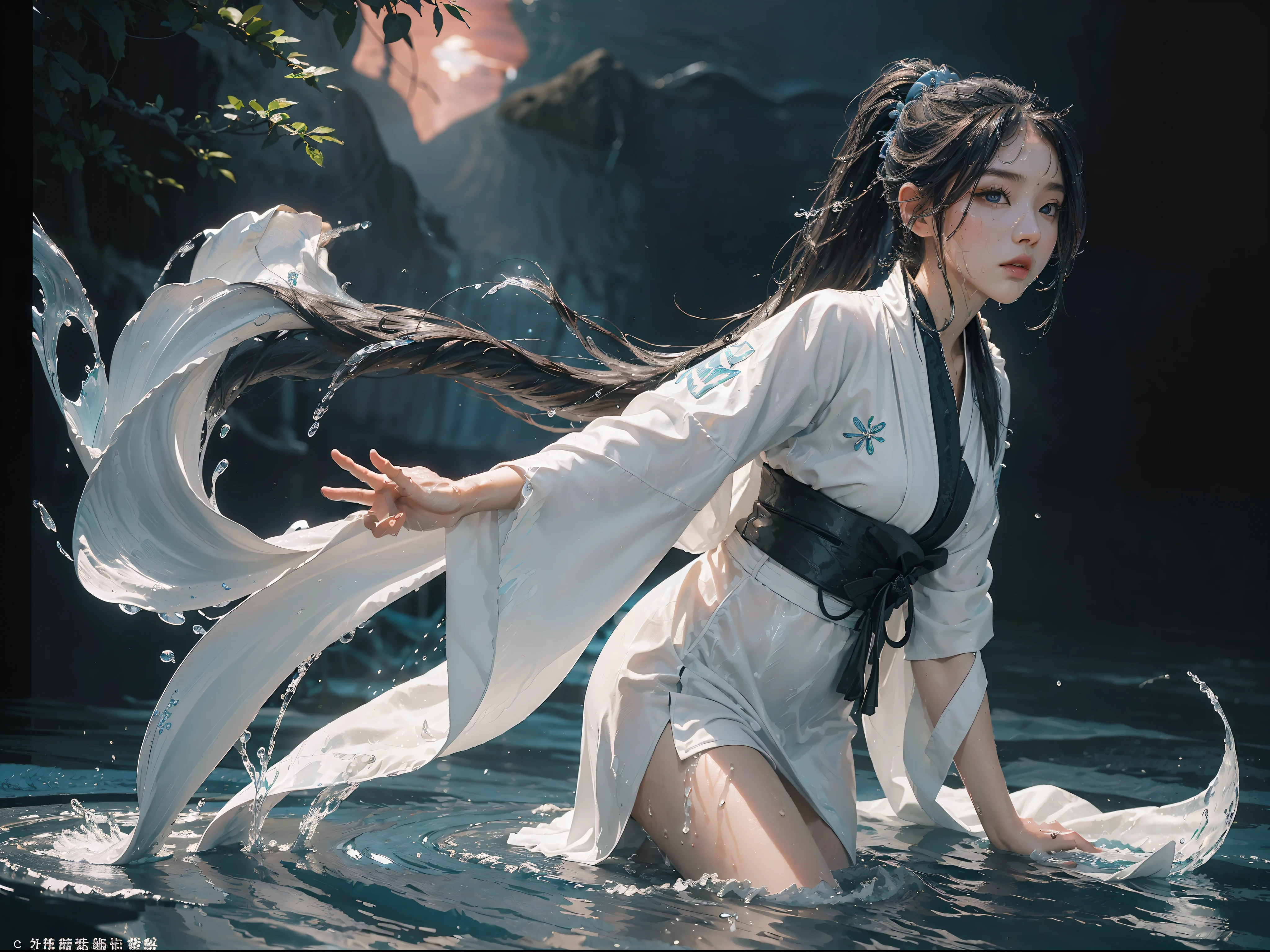 masterpiece, best quality, 8k, insane details ,intricate details hyperdetailed, hyper quality, high detail, ultra detailed, detailed background, (black background:1 2),[(black background:1.5)::5],yushuishu,(1girl,solo:1.5),(solo focus:1.7),black hair,water,waves,lips,High ponytail,(absurd long ponytail:1.3),(White and blue Taoist robe:1.4),(Real water, Realistic water, flowing water:1.5), moon, Water as smooth as a mirror, beautiful detailed water, reflection pool, dynamic angle, floating，flawless, clean, masterplece, professional artwork famous artwork, dnematic lighting. cinematic bloom Beautiful girl,Chinese mythology, in the style of realistic and hyper-detailed renderings, mature female, tall body, sideways glance.cold attitude, (long legs:1.3), (random hair style:1.2). A shot with tension, (sky glows red,Visual impactglving the poster a dynamic and visually striking appearance:1.2),