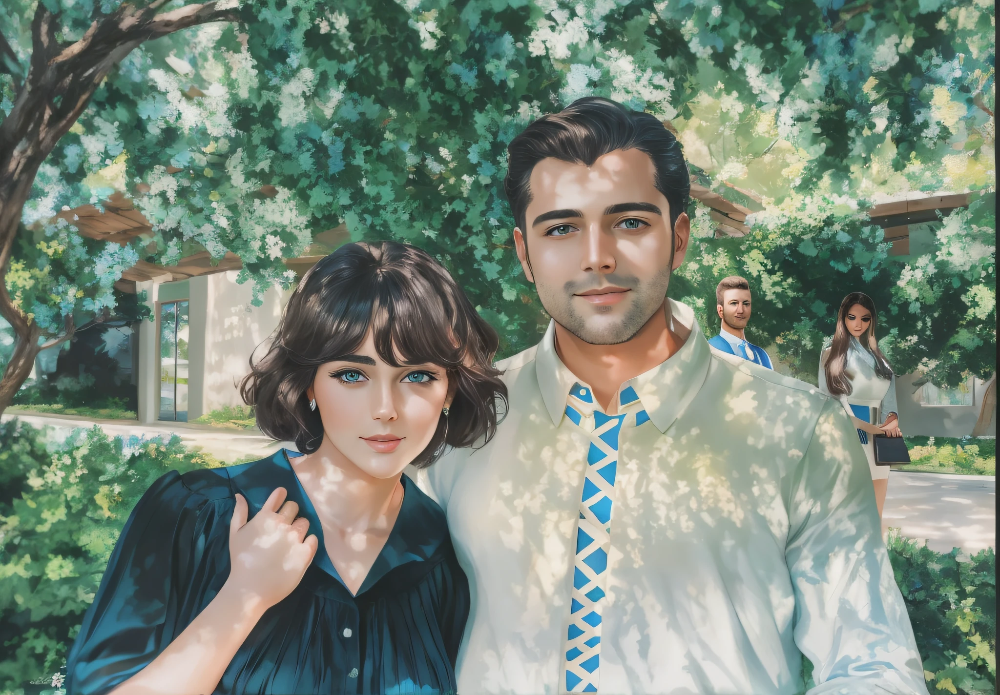 painting of a man and a woman standing in front of a tree, couple portrait, portrait of two people, portrait of couples, futuristic portrait,woman in blue dress and man in white shirt,no beard,8k,unreal engine, man with neck and round cheeks,detailed portrait