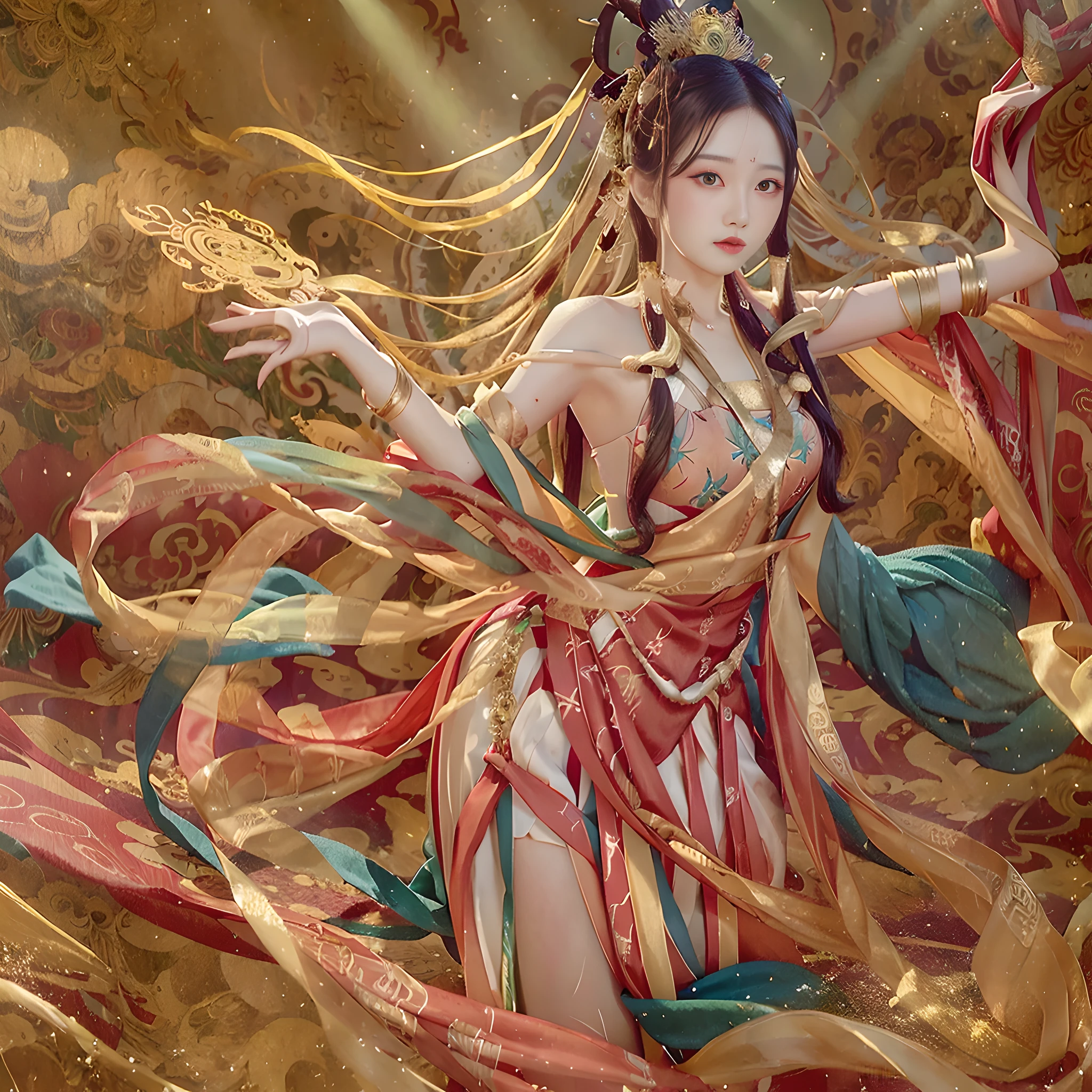 A girl, in the desert, super long hair, flying goddess style, dancing on the water, Dunhuang, flowing silk, Chinese costumes containing red, green, gold, looking at the camera, gorgeous costumes, delicate makeup, beautiful eyes, beautiful face, reflection in the water, best quality, highly detailed, masterpiece, ultra-detailed, illustration, huge_ filesize,wallpaper,colorful,cinematiclighting,god rays,(full body:0.83), Beautiful face, beautiful eyes,outdoors, east asian architecture, beautiful lights, charming eyes, day, wreath ,skirt hold,