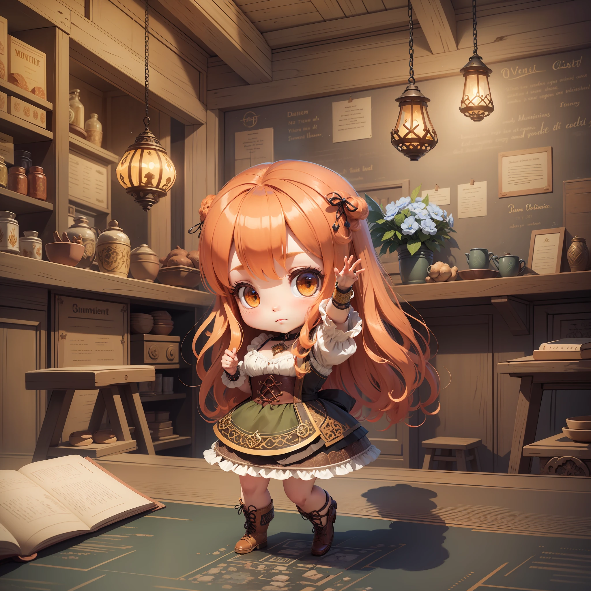 ultra cute ginger chibi woman, medieval tale tavern, intricately detailed colorful interior, detailed intense sunrise lightning, deep stage, best geometry, award wining masterpiece, ultra intricate shadows and lighting, best lighting, best shadows, intricate busy setting, ultra detailed intricate background, trending on art station, global illumination, selfilluminated, bioluminescence, midjorney style, art by Albert Bierst