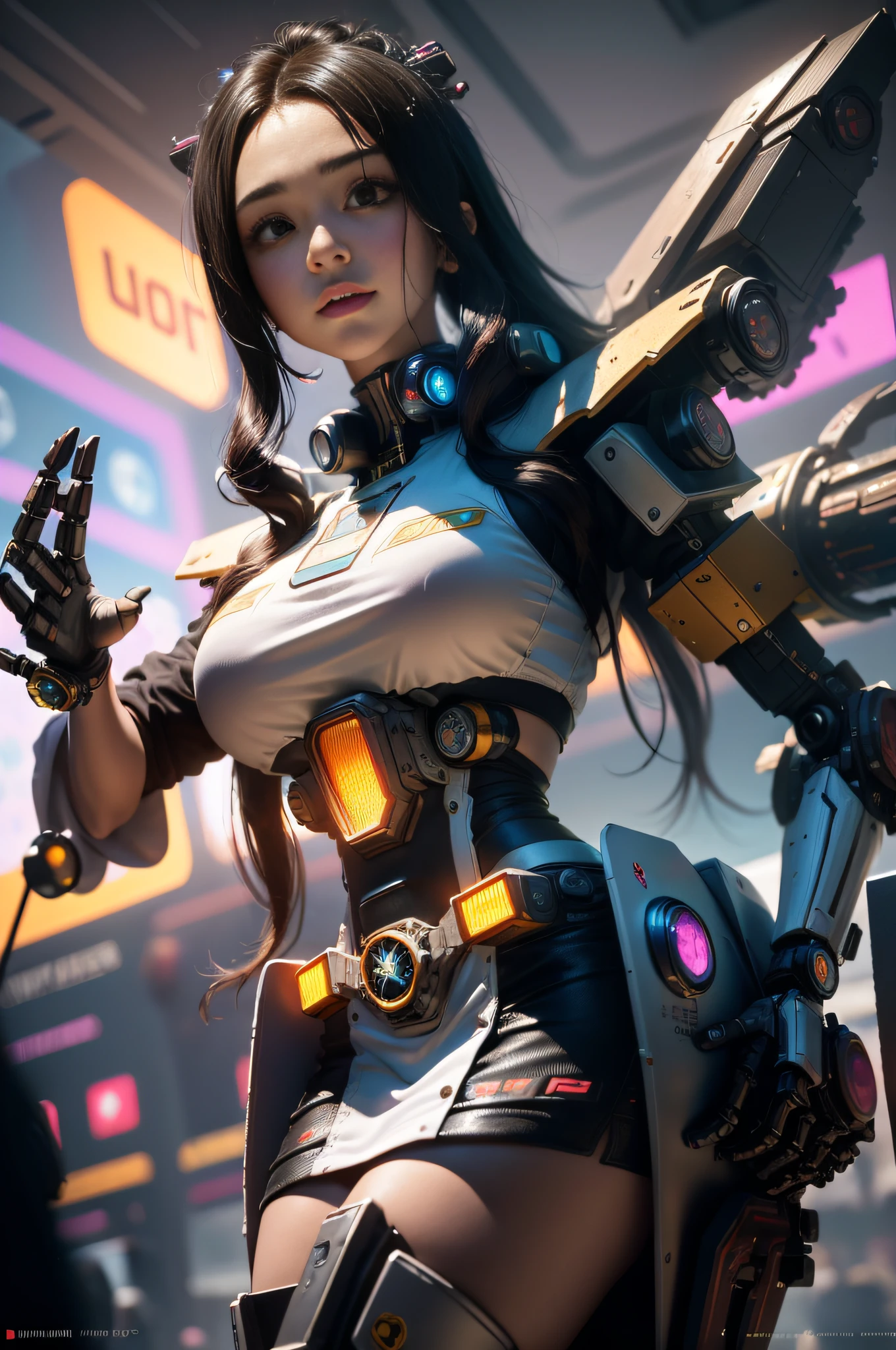 ((Best quality)), ((masterpiece)), (highly detailed:1.3), 3D, beautiful, (cyberpunk:1.6), in space, nebulous, laser, (1Female mecha:1.8), sexy body, facing the audience, bright eyes full breasts, full body, big ass, neon tattoo, (flying, descending, dynamic, motion blur: 1.4), (huge wings of locks: 1.9), looking up, glowing_eyes, mecha, panorama, background is earth, nebula, space, particles, Reality, HDR (High Dynamic Range), Ray Tracing, NVIDIA RTX, Super Resolution, Unreal 5, Subsurface Scattering, PBR Textures, Post-Processing, Anisotropic Filtering, Depth of Field, Maximum Clarity and Clarity, Multilayer Textures, Albedo and Specular Maps, Surface Shading, Accurate Simulation of Light-Material Interaction, Perfect Proportions, Octane Render, Two-Tone Lighting, Large Aperture, Low ISO, white balance, rule of thirds, 8K RAW, efficient sub-pixel, sub-pixel volume product, (best quality), (Japanese: 0.9), (Korean: 0.8), (Liu Yi Fei: 1.8) long hair, (large chest: 1.5), (underboob: 1.6), (white transparent lace mini skirt: 1.7)