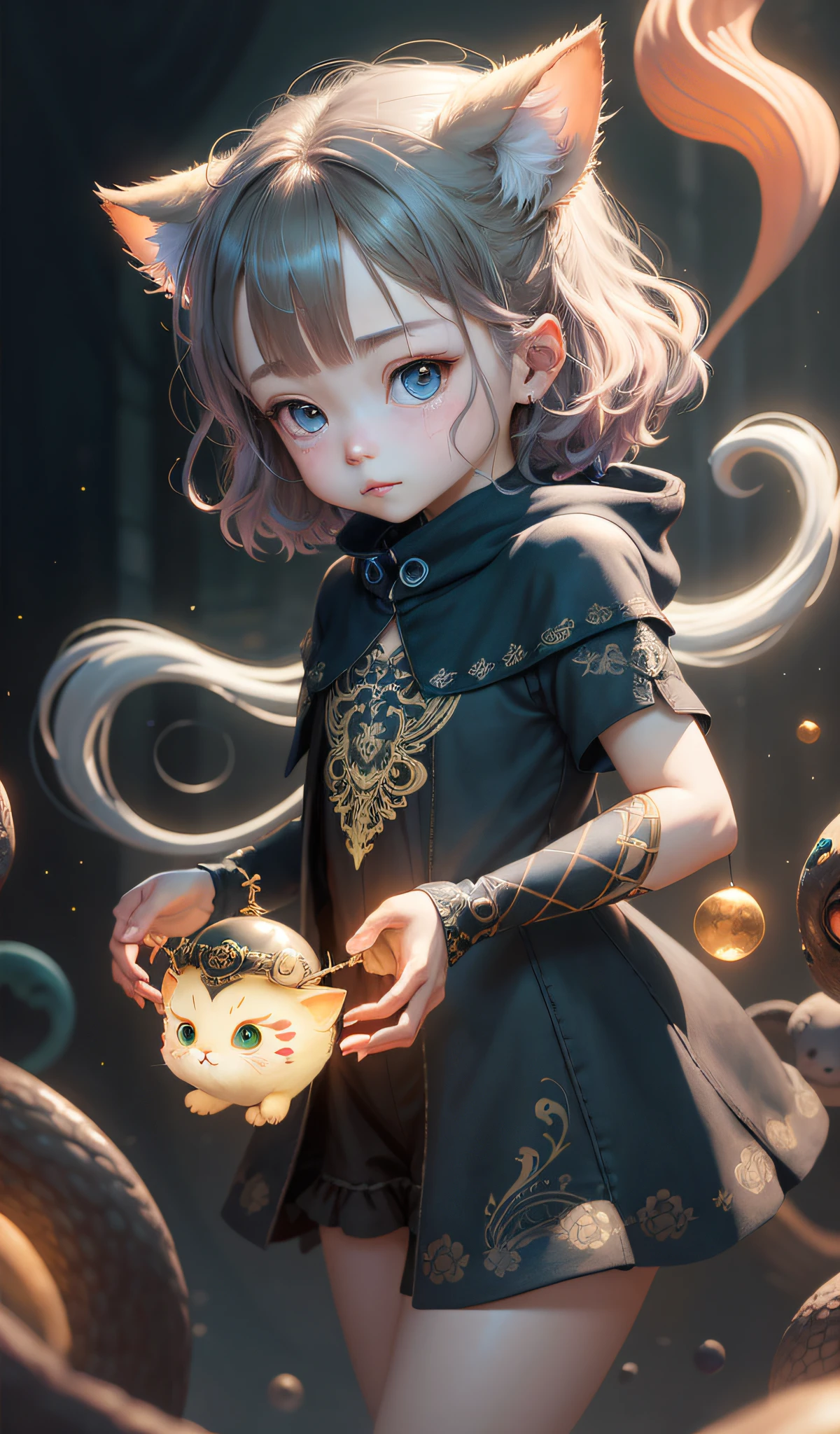 Harry Potter look cute little surreal cat, chibi, adorable fluffy, logo design, cartoon, movie lighting effects, attractive 3D vector art, cute and quirky, fantasy art, bokeh, hand drawn, digital painting, soft lighting, isometric style, 4K resolution, photorealistic rendering, very detailed clean, vector, photorealistic masterpiece, professional photo, simple space background, flat white background, isometric, vivid vector, porta, cute and adorable darkness baby, glowing smoke neon eyes, hoarfrost metal lace, fantasy, sunlight, sunbeam , intricate detail. 8k, dreamlike, surrealism, super cute, symmetrical, soft lighting, trending on artstation, intricate details, highly detailed, unreal engine, by ross tran, wlop, artgerm and james jean, Brian Froud, art illustration by Miho Hirano, Neimy Kanani, oil on canvas by Aykut Aydoğdu, oil painting, heavy strokes, paint dripping