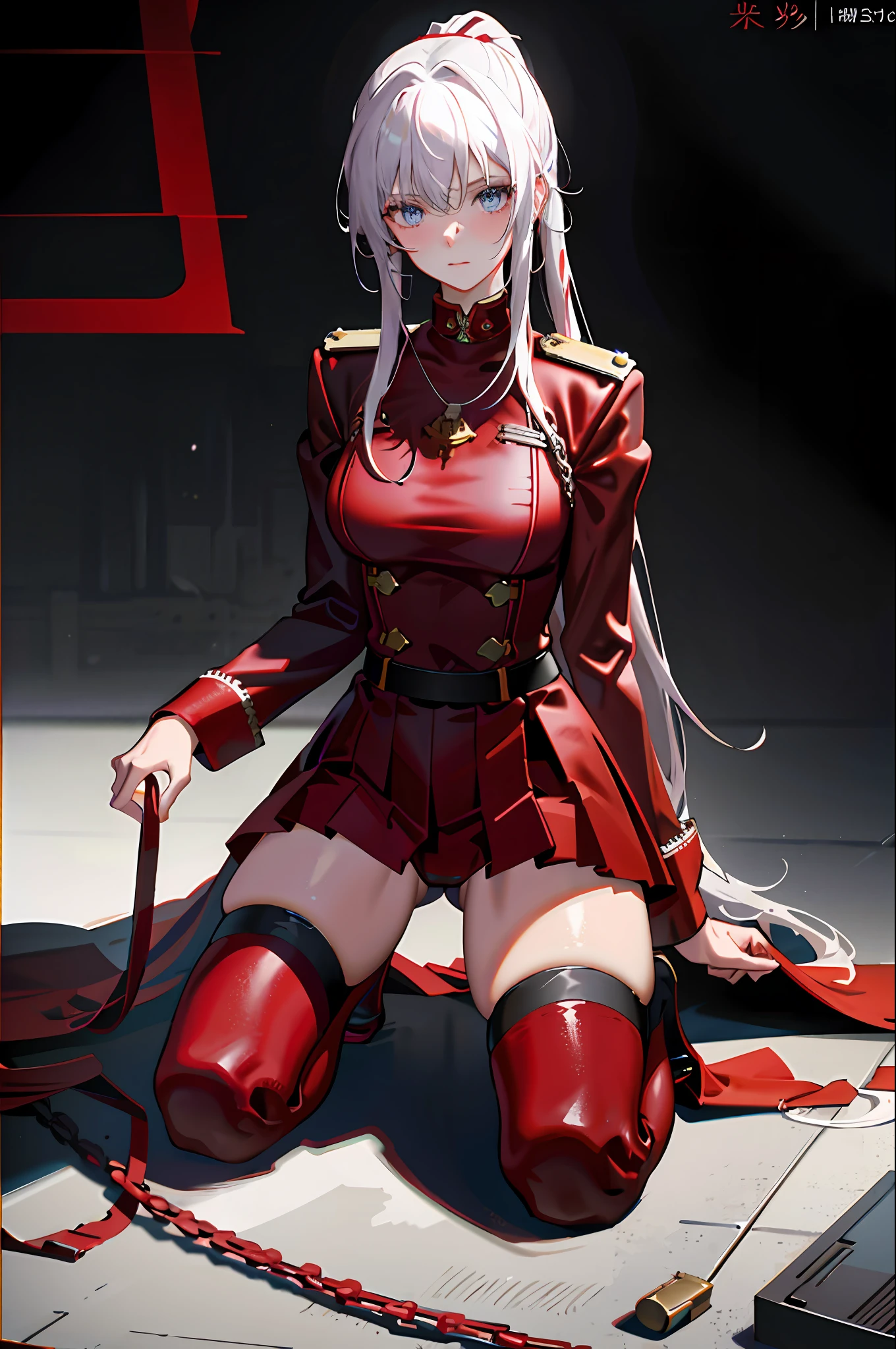 Frontal focus, 1girl, wearing tight red military uniform, kneeling on the ground, open thighs to reveal red panties, tightened by panties, revealing shy expression, blushing, bag, bangs, berries, white hair, high ponytail, blue eyes, hair between eyes, jewelry, leaves, looking at the audience, female focus, necklace, solo, watch, watch, messy hair, trends on artstation, 8k resolution, very detailed, anatomically correct, clear images, digital painting, concept art , fashion trends on pixiv, Makoto Shinkai's style,