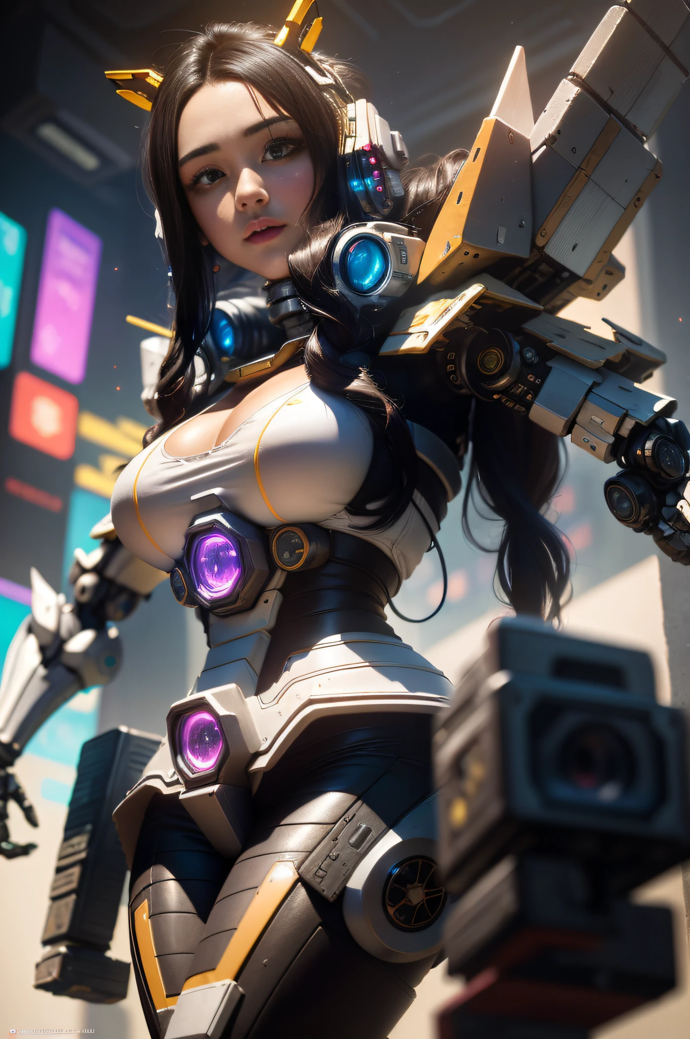 ((Best quality)), ((masterpiece)), (highly detailed:1.3), 3D, beautiful, (cyberpunk:1.6), in space, nebulous, laser, (1Female mecha:1.8), sexy body, facing the audience, bright eyes full breasts, full body, big ass, neon tattoo, (flying, descending, dynamic, motion blur: 1.4), (huge wings of locks: 1.9), looking up, glowing_eyes, mecha, panorama, background is earth, nebula, space, particles, Reality, HDR (High Dynamic Range), Ray Tracing, NVIDIA RTX, Super Resolution, Unreal 5, Subsurface Scattering, PBR Textures, Post-Processing, Anisotropic Filtering, Depth of Field, Maximum Clarity and Clarity, Multilayer Textures, Albedo and Specular Maps, Surface Shading, Accurate Simulation of Light-Material Interaction, Perfect Proportions, Octane Render, Two-Tone Lighting, Large Aperture, Low ISO, white balance, rule of thirds, 8K RAW, efficient sub-pixel, sub-pixel volume product, (best quality), (Japanese: 0.9), (Korean: 0.8), (Liu Yi Fei: 1.8) long hair, (large chest: 1.5), (underboob: 1.6), (white transparent lace mini skirt: 1.7)