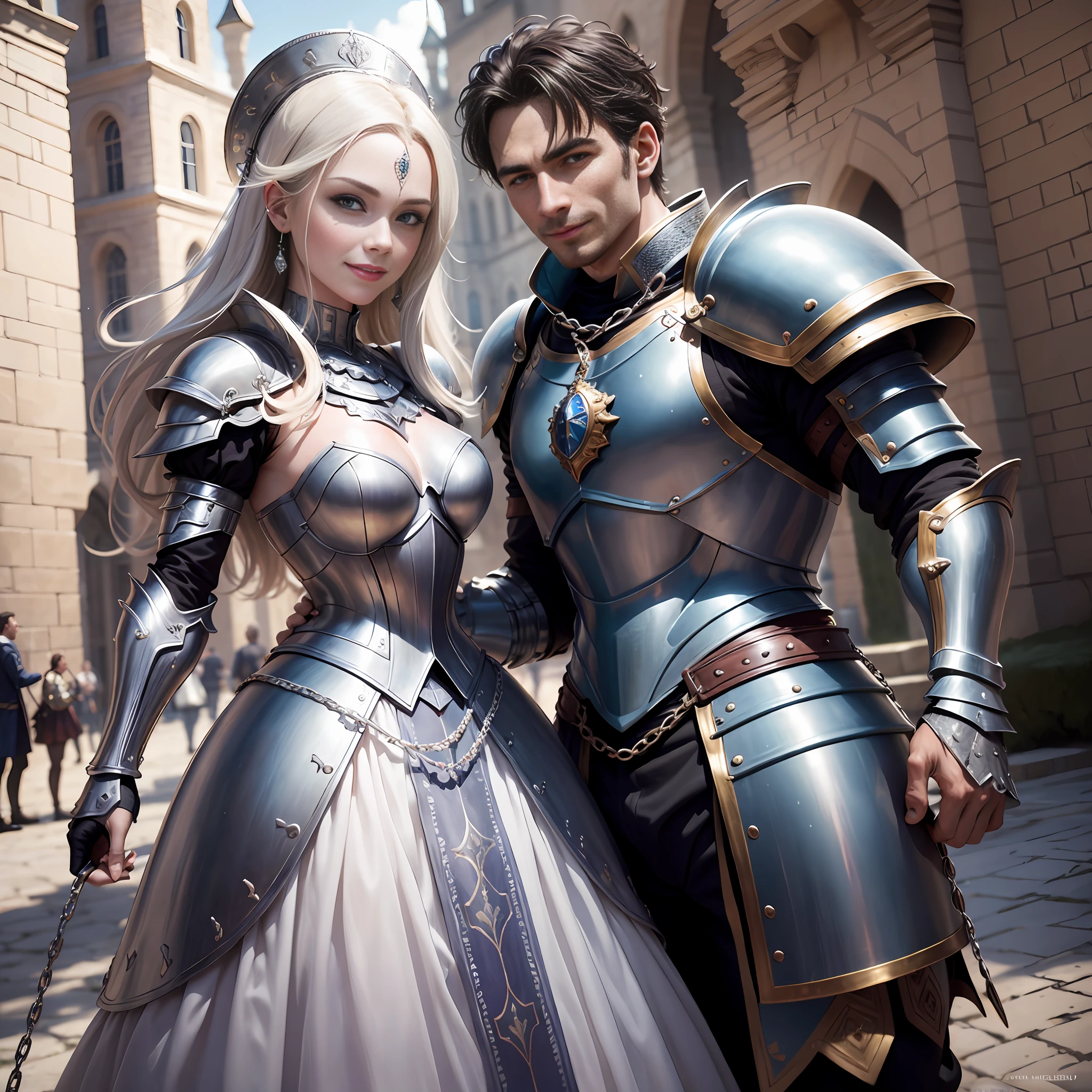 (((Medium shot))), couple, (a man and a woman), two individuals, outside the castle, jousting, playful, playful, sweet, happy, smile, armor, chain mail, armor, happy, pretty eyes, playful, surrealism, pov, romanticism, cinematic lighting, 8K, UHD, masterpiece, ccurate, anatomically correct, textured skin, high detail, high quality, high resolution, award-winning, best quality, 16K, bad body, bad hands, bad legs.