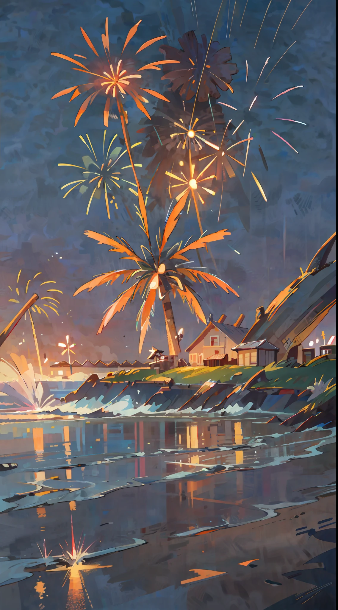 Seaside town, beach, night, fireworks