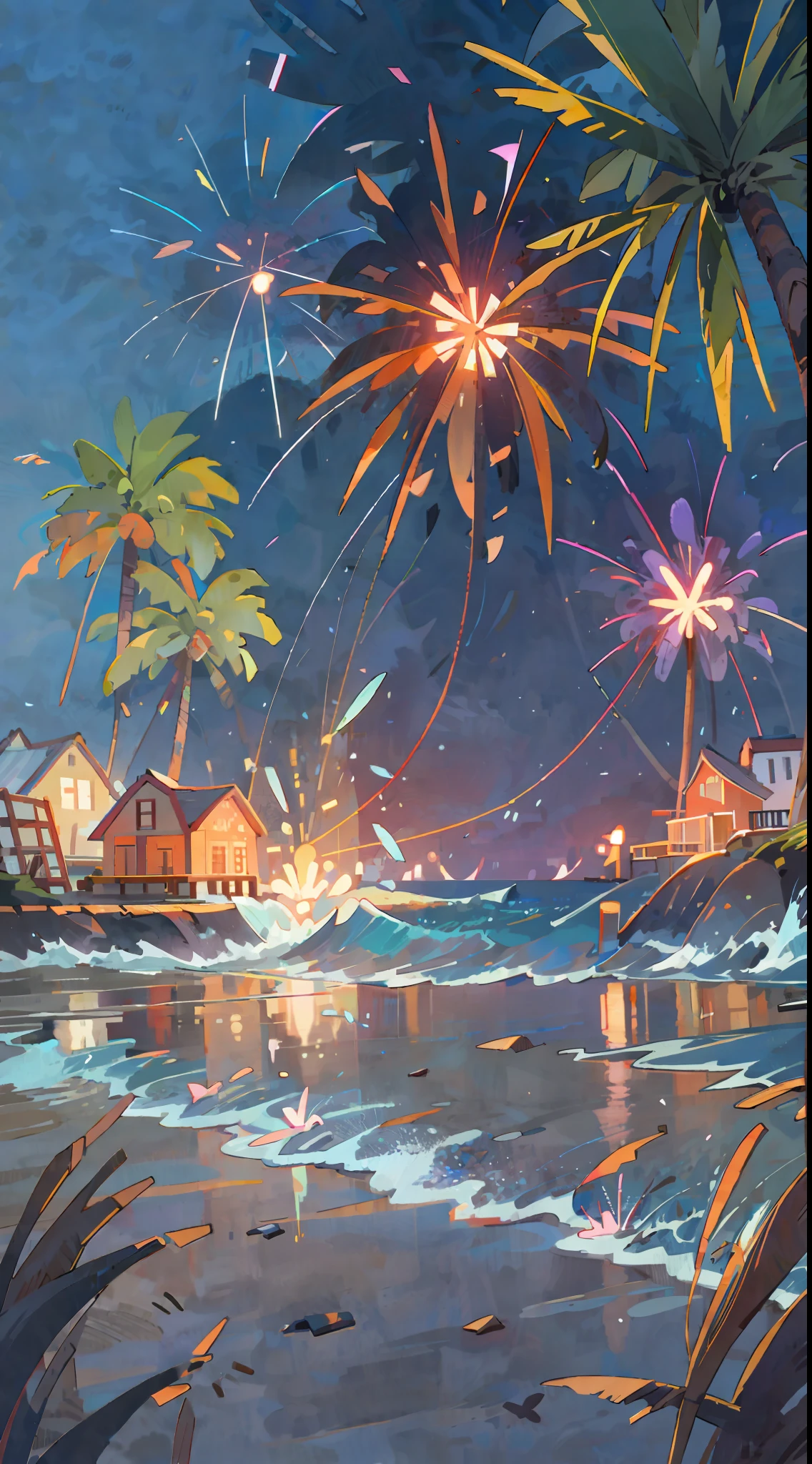 Seaside town, beach, night