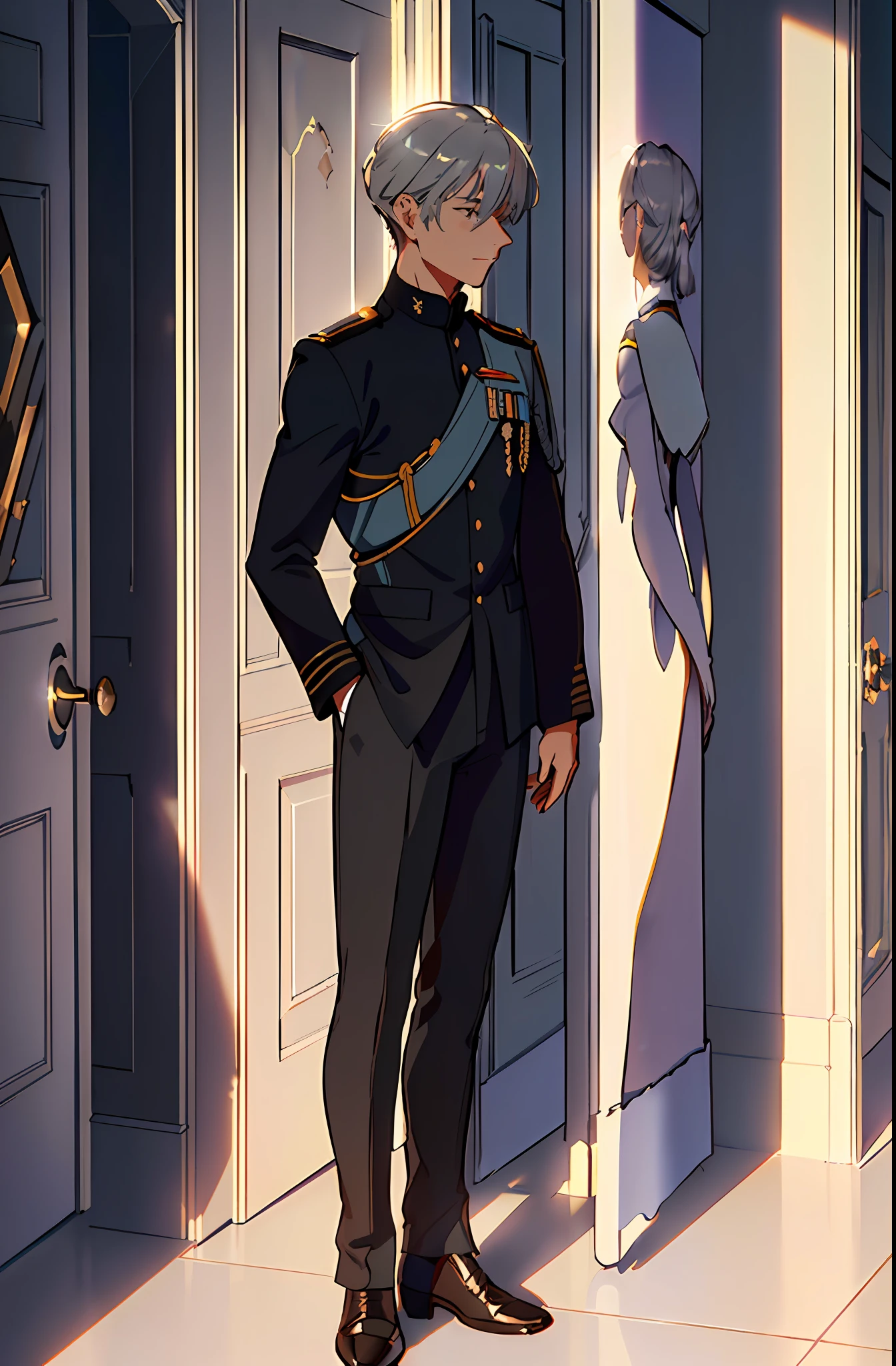 ((Beautiful picture)), ((High quality), ((Detailed lens)), ((Dynamic angle)), ((Male)), ((Gray hair: 0.8) (Dark hair)), ((Uniform costume)), ((Standing in the doorway)), ((Moderate lighting)), ((Deep Space Background)), ((Breeze blowing sleeves)), (((Lens focusing subject)), ((Gentle breath), ((Unique light and shadow)).