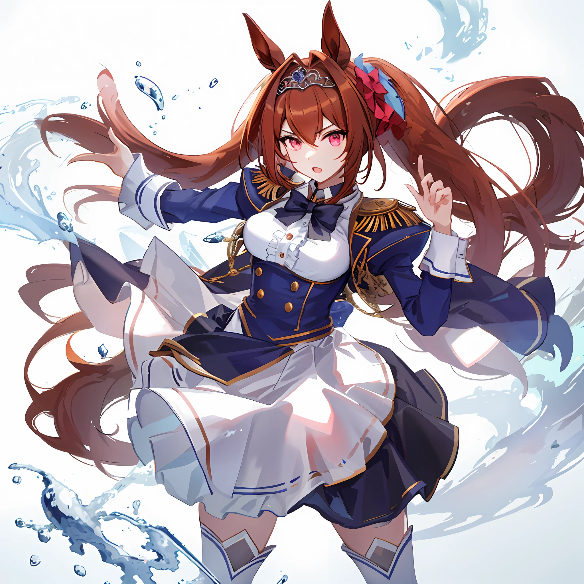 ((masterpiece, best quality)), 1girl,Daiwa Scarlet,Daiwa Scarlet(Racing clothes),horse ears,horse girl,brown hair,long_hair, twintails,red_eyes,slit pupils ,tiara, very_long_hair,epaulettes,hair_intakes,long_sleeves, thighhighs, underbust,center_frills,puffy_sleeves,skirt,dress,(stadium)
