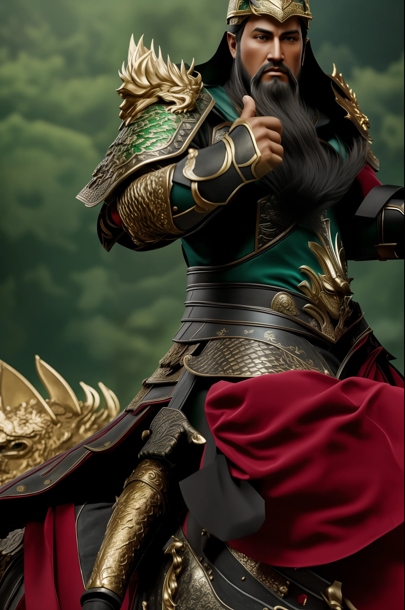 Male, full body, red skin, danphoenix eyes, lying silkworm eyebrows, majesty, (green metal armor, shoulder metal dragon head, sword, (red skin,), (long and thick black beard): 1.2), (green metal armor, intricate pattern: 1.2), gloves, long pants, (very detailed, blooming: 1.5), (highest quality, concept art, 4k), (simulation: 1.2), (high sharpness), (detail pupil: 1.1), (painting: 1.1), (digital painting: 1.1), Detailed face and eyes, Masterpiece, best quality, (highly detailed photo:1.1), 8k, realistic, (dark hair, dynamic short hair), (pureerosface_v1:0.2), [:( detailed face: 1.2):0.2], sharp, realistic, realistic shadows, (Chinese castle background: 1.2),
