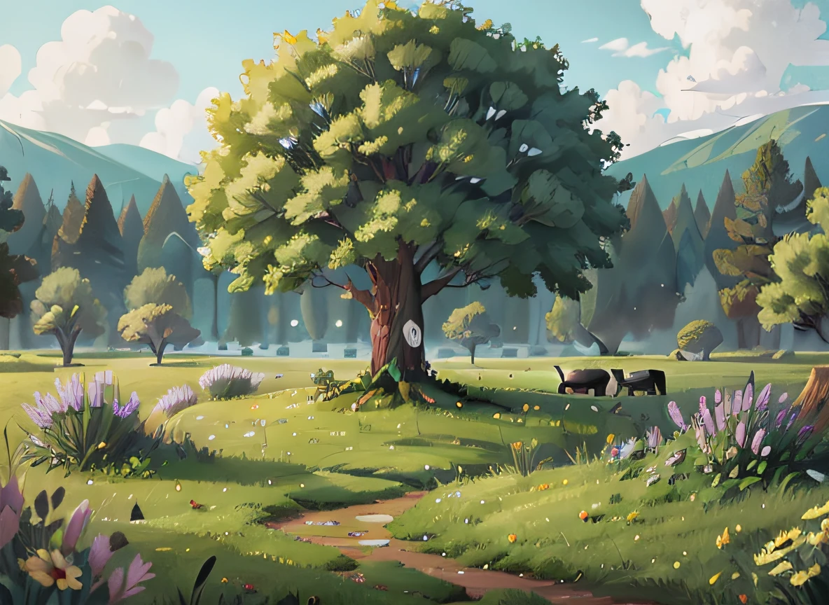 A tree stands on the meadow