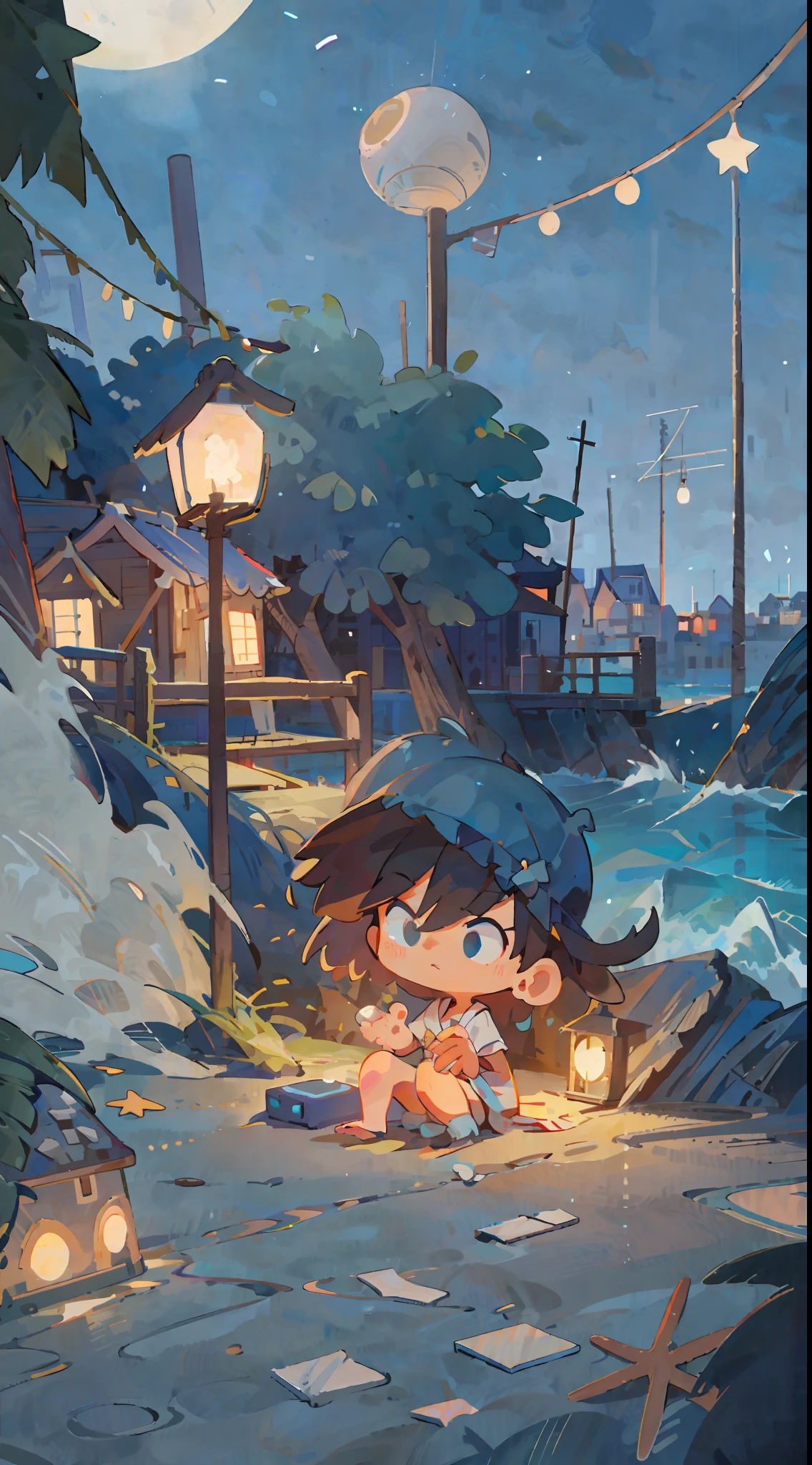 Seaside town, beach, night