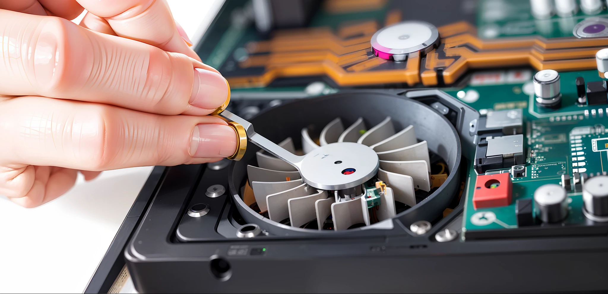 someone is removing the fan from the motherboard of a laptop, disassembling the computer, closeup, maintenance, photo maintenance, digitally enhanced, computers, repairing each other, overclocking, liquid cooling, advanced technology, watercooling, sharp detail, closeup portrait shot