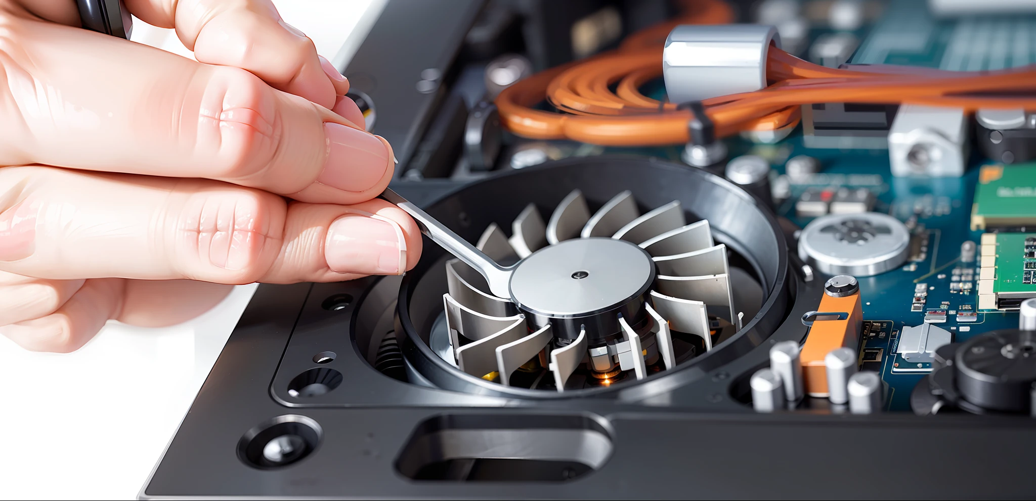 someone is removing the fan from the motherboard of a laptop, disassembling the computer, closeup, maintenance, photo maintenance, digitally enhanced, computers, repairing each other, overclocking, liquid cooling, advanced technology, watercooling, sharp detail, closeup portrait shot