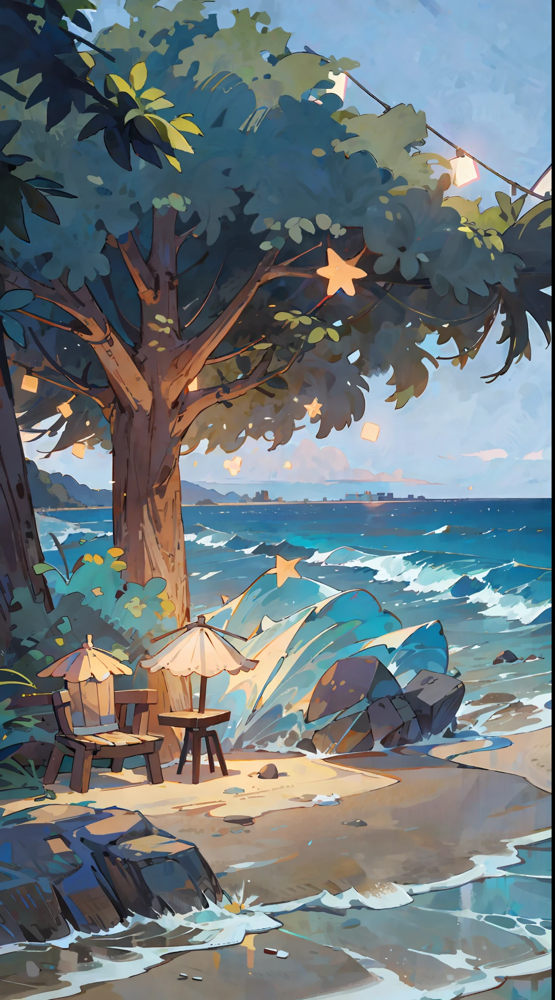 Seaside town, beach, night