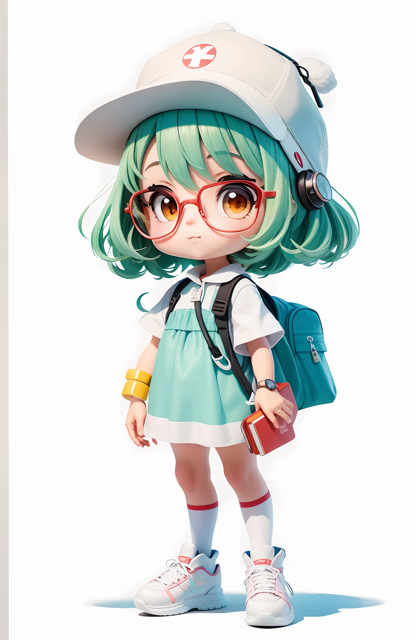 A cartoon girl with backpack and hat holding a book, short sleeves, wearing a watch, cute art style, clean detailed anime style, full body character drawing, cute cartoon style, character design sketch, clean anime silhouette, thick line art, illustrated line art style, clean ink detailed line drawing, portrait of cute anime girl, clean line art, anime style character, flat anime style shadow