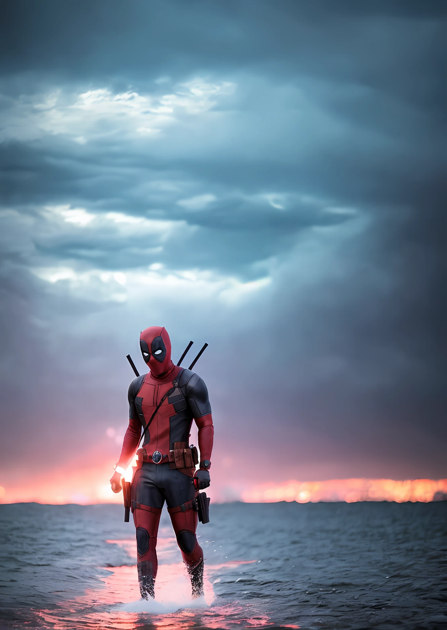 Deadpool from Marvel walking on water during a storm, masterpiece, best quality, high quality, extremely detailed CG block 8k wallpaper, award-winning photography, bokeh, depth of field, HDR, bloom, chromatic aberration, photorealistic, extremely detailed, trend on artstation, trend on CGsociety, complex, high detail, dramatic, art in the middle of the road, volumetric lighting