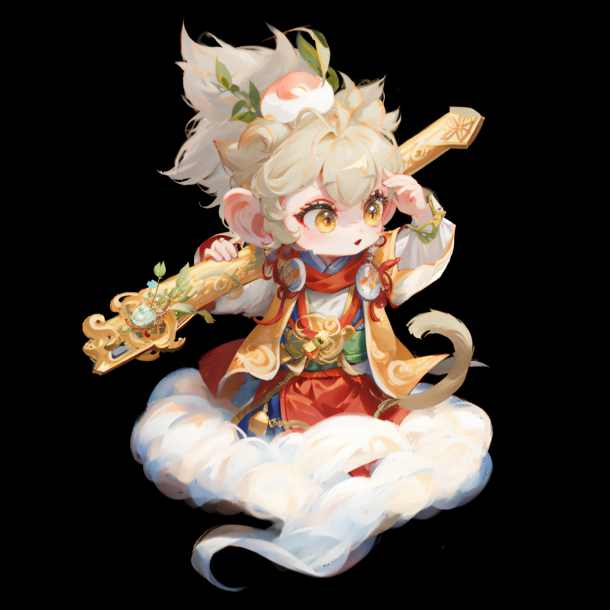 Best quality, masterpiece, 8K resolution, super bright and vivid, Qi Tian Great Sage Sun Wukong sitting on a somersault cloud, holding a golden hoop stick, reflecting each other, deep yellow eyes, light gray-yellow hair carrying a peach, ancient Chinese clothing wrapped around the body, a long monkey tail like a flower, clouds white, intricate details, super detail, irresistible charm emerged.