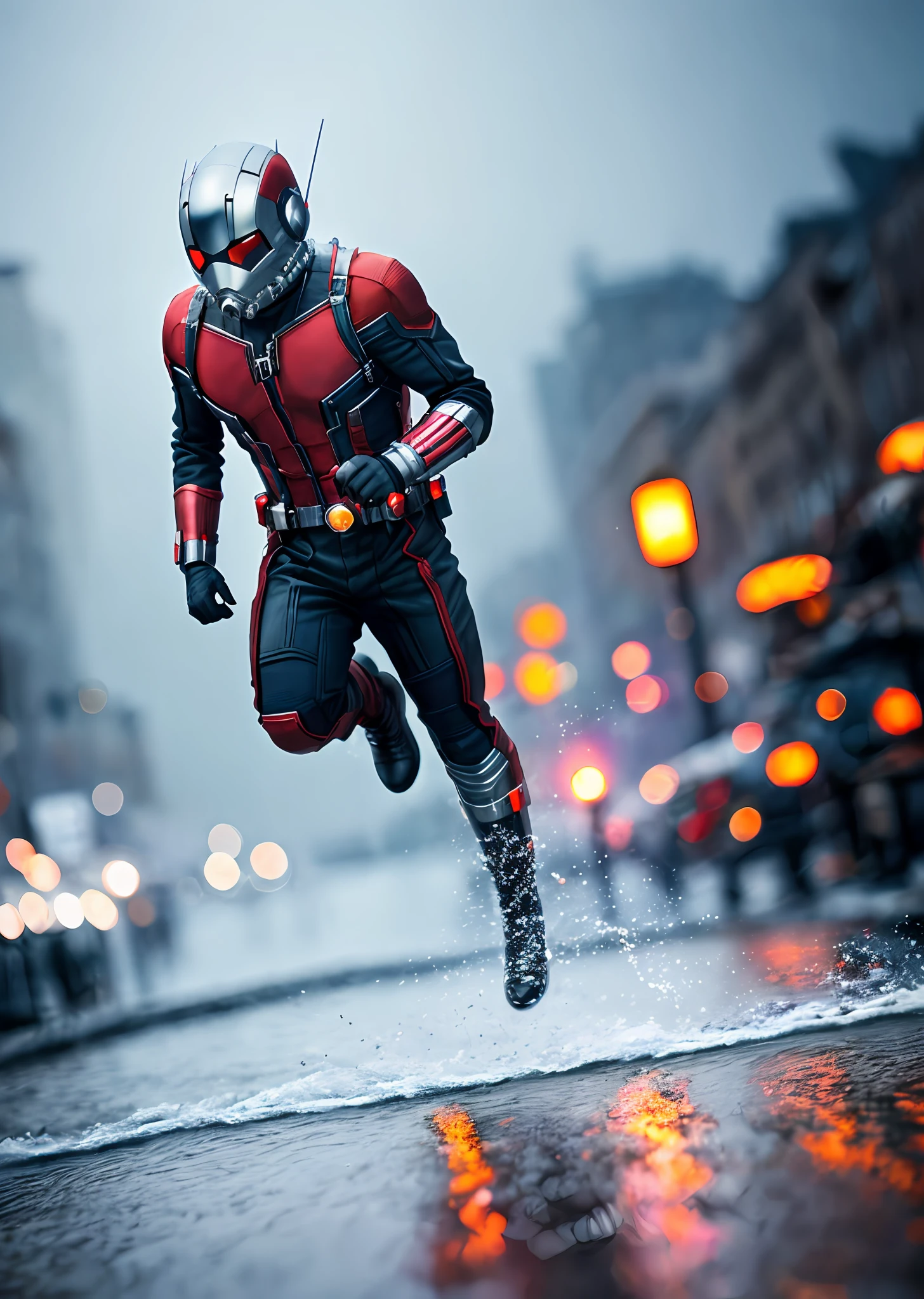 Ant-Man from Marvel walking on water during a storm, masterpiece, best quality, high quality, extremely detailed CG block 8k wallpaper, award-winning photography, bokeh, depth of field, HDR, bloom, chromatic aberration, photorealistic, extremely detailed, trend on artstation, trend on CGsociety, complex, high detail, dramatic, art in the middle of the road, volumetric lighting