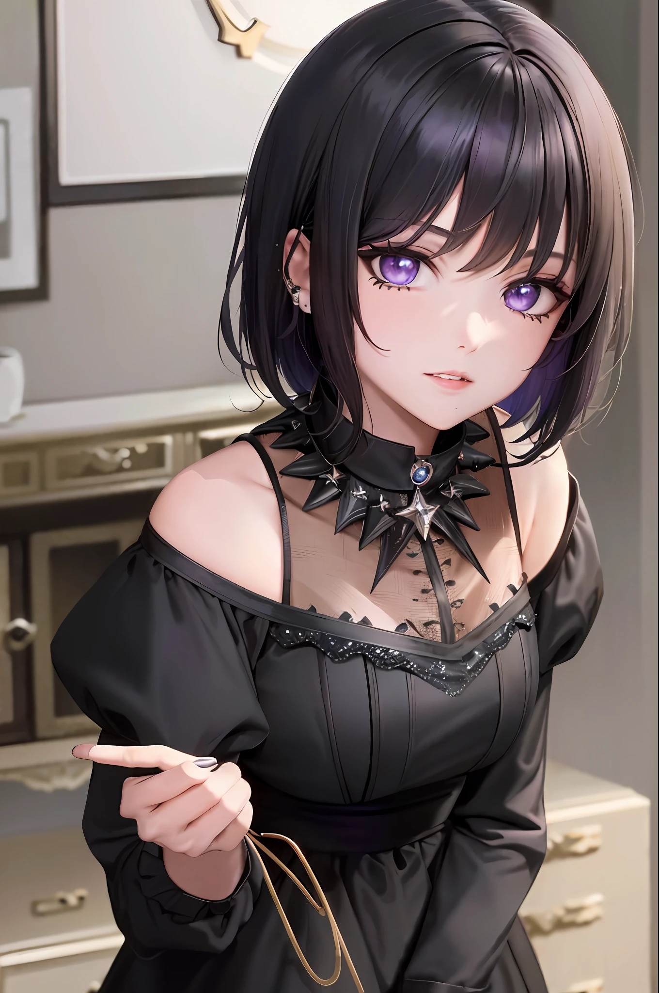 masterpiece, best quality, ultra-detailed, beautiful lighting, 1girl, goth, black hair, short hair, purple eyes, black eyeliner, black lips, piercing, spiked collar, looking at viewer