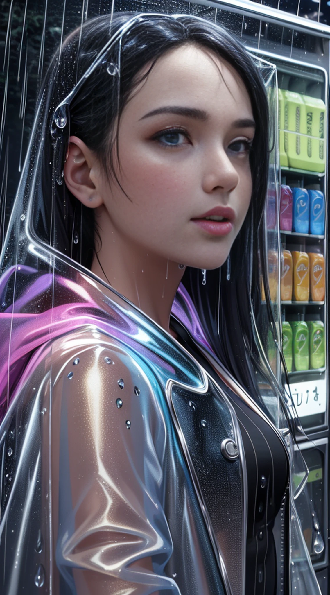 masterpiece, best quality, ultra-detailed, ultra highres, 8k resolution, realistic, colorful, falt color, depth of field, lens flare, 1 woman, put on ford, (long transparent raincoat:1.2), sexy hip, sexy pose, (outdoor, midnight, (rain:1.1), vending machine,:1.2)
