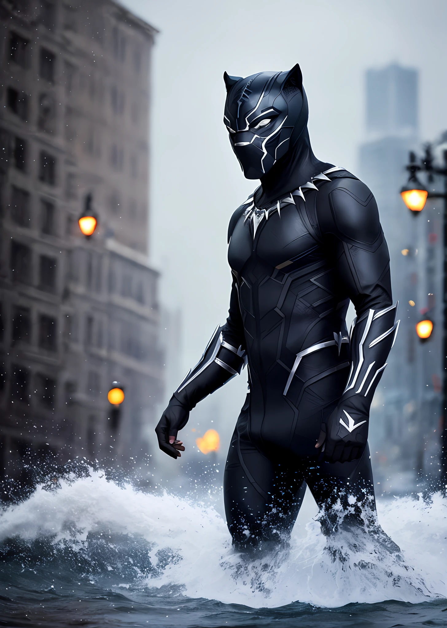 Black Panther from Marvel walking on water during a storm, masterpiece, best quality, high quality, extremely detailed CG block 8k wallpaper, award-winning photography, bokeh, depth of field, HDR, bloom, chromatic aberration, photorealistic, extremely detailed, trend on artstation, trend on CGsociety, complex, high detail, dramatic, art in the middle of the road, volumetric lighting