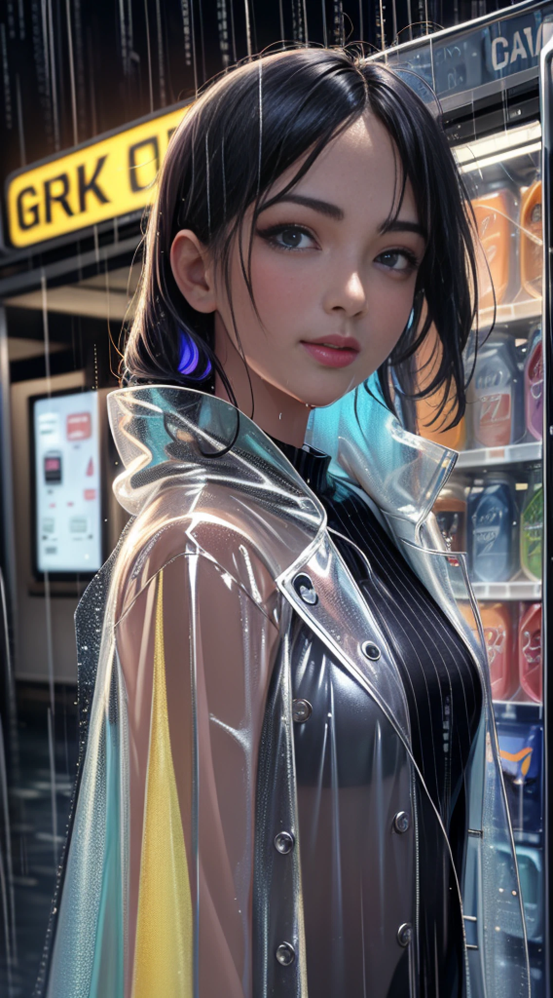 masterpiece, best quality, ultra-detailed, ultra highres, 8k resolution, realistic, colorful, falt color, depth of field, lens flare, 1 woman, put on ford, (long transparent raincoat:1.2), sexy hip, sexy pose, (outdoor, midnight, (rain:1.1), vending machine,:1.2)
