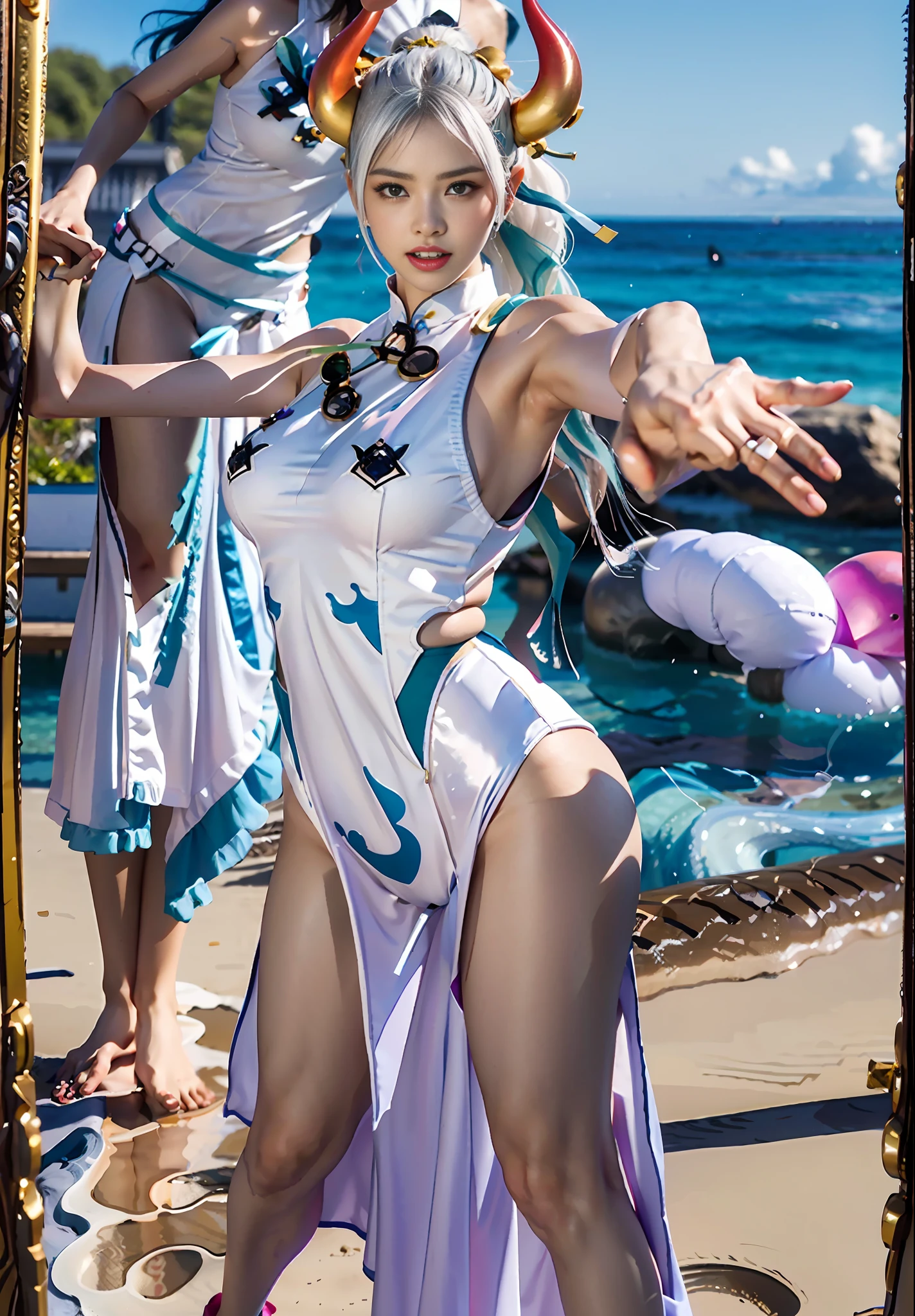 Sagging boobs, huge breasts, boobs squeezed by bikinis. huge tits。 Open your mouth and smile, showing your teeth, fangs. (NSFW: 1.98) Arad woman in bikini poses a sword on the beach, extremely detailed Artgerm, on the beach, Ross landscape background, perfect white-haired girl, seductive anime girl, like Artgerm, on the beach, beautiful seductive anime woman, Rostland !!!, Rostland style, art germ. Anime illustration on sunny beach, (oily skin)) with horns on the head and two red and yellow horns on the head. End of curl. White transparent cheongsam. (Wearing white transparent fabric cheongsam, cheongsam chest opening, highest fabric material, fabric performance 8K, physics engine calculation demonstration):: 1.8. (High-quality, detailed CG art), (beautiful light and shadow, floating effect) (1 person) (shiny hair, blue hair: 1.2 + gray hair: 1.6), when the skin between the chest and lower abdomen is wet, dripping water droplets and sweat slip together, sexy gorgeous, still photos convey a dynamic effect. (extremely detailed, well-made, highest image quality, strong specular reflection of bikinis, clear latex texture) The woman is extremely beautiful, extremely sexy, beautiful and moving, seductive, and the transparent texture of the leggings is just right, making people shine. ((NSFW, low saturation)) ((oily skin)), ((water droplets on the skin)), 1.6. The body is moist and shiny, the body is wet and shiny, the body is wet and shiny, the breasts are bigger, the ass is bigger. ((Masterpiece)), the best quality, super fine, highly realistic, wet all over, bathed in rain, every bead of sweat is clearly visible. (Masterpiece: 1.6), (Best Quality: 1.5), Ultra High Resolution, 1 Girl, Very Detailed, 8K, Beautiful, Detailed Eyes, Look at the Viewer, Intense Dark Colors, (Depth of Field), (Dynamic), (Epic), Sharp Focus, (Intricate Details: 1.86), Full Color, Nano \ (One Piece), Bangs, Bare Shoulders, Belt, Gold Striped Transparent Heart Sticker, Blue Sky, Bracelet, Breasts