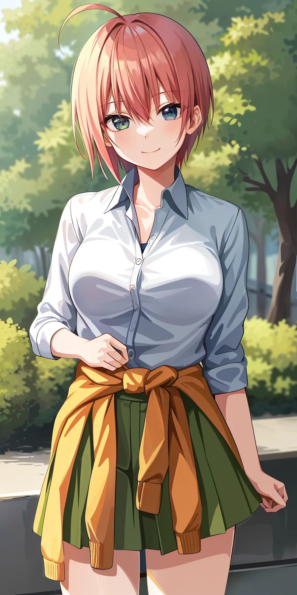 2d, masterpiece, best quality, anime, highly detailed, 1girl, solo, cowboy shot, nakano ichika, pink hair, short hair, cardigan around waist, collared shirt, green skirt, miniskirt, medium breasts, standing, school, outdoors, smile