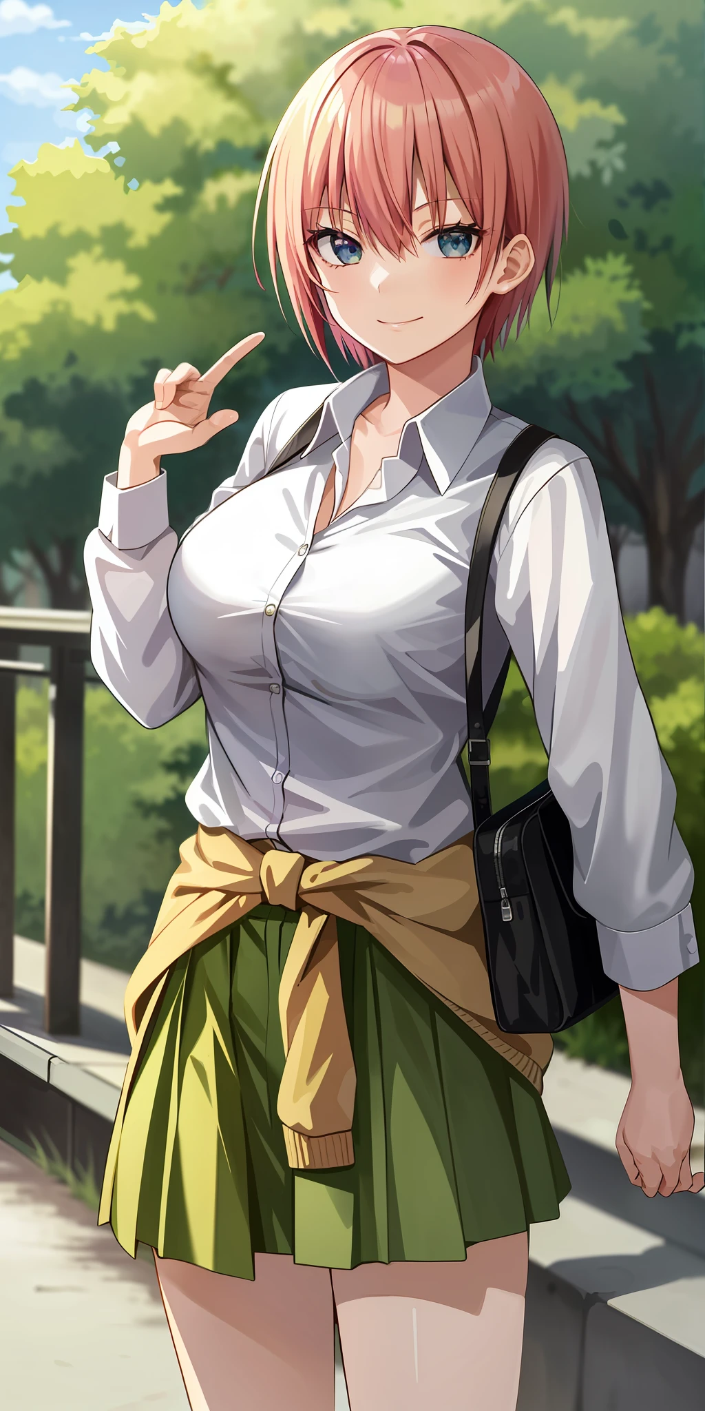 2d, masterpiece, best quality, anime, highly detailed, 1girl, solo, cowboy shot, nakano ichika, pink hair, short hair, cardigan around waist, collared shirt, green skirt, miniskirt, medium breasts, standing, school, outdoors, smile