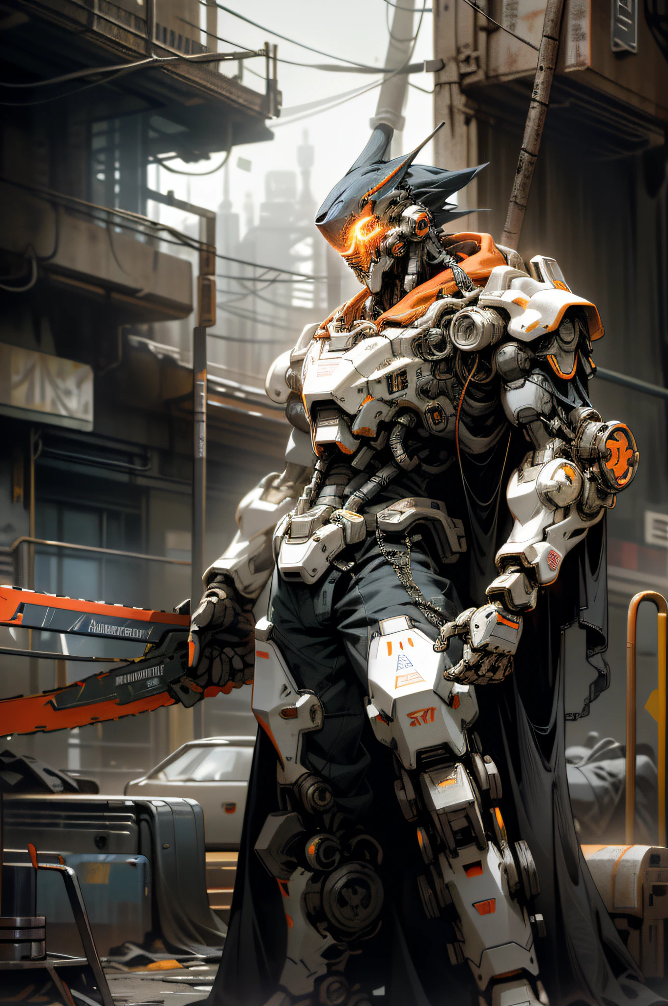 On the moon, barren planet, ruins, holding weapons, no humans, glowing, robot, building, glowing eyes, orange mech, science fiction, city, reality, mecha, galaxy background, full body, neon, cyber Punk, 8K wallpapers, ultra-detailed artwork, cinematic lighting, realistic photos, Dark_Fantasy, Cyberpunk, (chain saw, chain saw man, Red: 1.1), 1man, Mechanical marvel, Robotic presence, Cybernetic guardian, wearing a worn-out machine armor suit, intricate, (steel metal [rust]), elegant, sharp focus, photographed by greg rutkowski, soft lighting, vibrant colors, masterpiece, ((street)), cowboy shot, dynamic pose,
