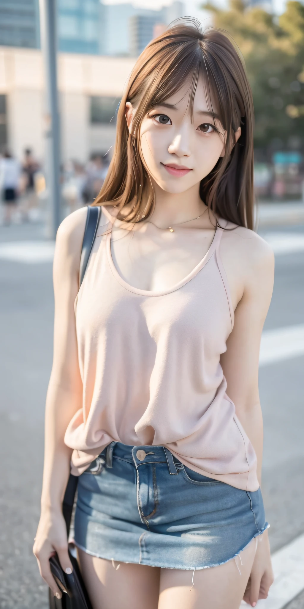 mix4, 20d, solo, long_hair, Nanase Nishino, Haruka Kaki, Miniskirt, Tank top, high_heels,full_body, look_at_viewer, (8K, RAW photography, best quality, masterpiece:1.2), (Realistic, Photorealistic:1.37), Professional Lighting, Photon Mapping, Radio City, Physically Based Rendering