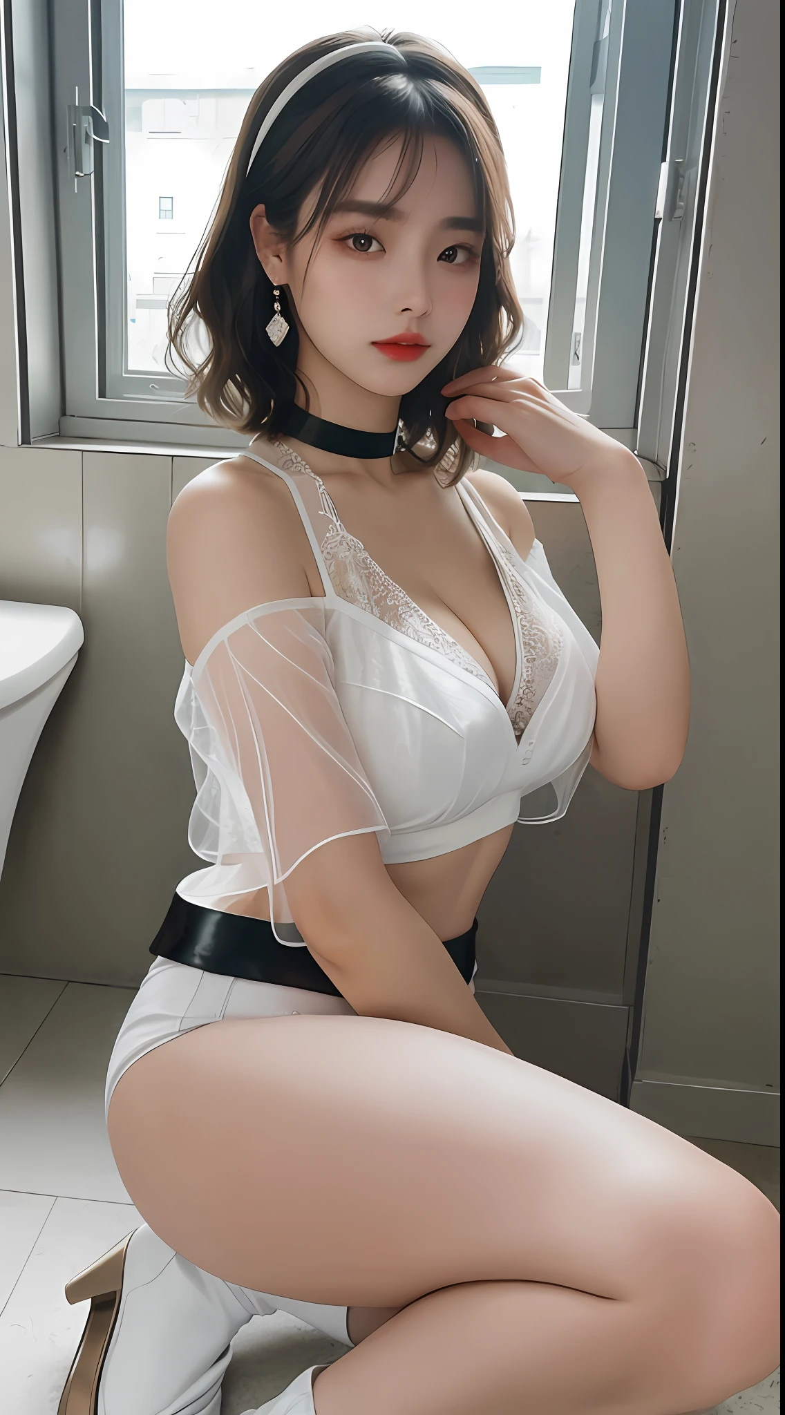 (Raw photo: 1.2), (Photorealistic: 1.4), highest quality, masterpiece, illustration, very delicate and beautiful, highly detailed, CG, unity, 8k wallpaper, amazing, fine details, masterpiece, best quality, official art, highly detailed CG Unity 8k wallpaper, absurd, incredibly absurd, huge file size, ultra detailed, high resolution, highly detailed, Beautiful detailed girl, very detailed eyes and face, beautiful detailed eyes, face light, movie lighting,
Outdoor, Downtown, (from bottom:1.3),(see-through:1.2),Watch Audience,
1 girl, solo,, golden proportions, (Kpop Idol), (Shiny skin: 1.2), (Oil skin: 1.1), (wavy gray hair and refined style sense)), makeup, (shiny eyes: 1.1), (eyelashes: 1.1), (parted lips: 1.1), red lipstick, broad shoulders, (medium breasts: 1.1), (cleavage: 1.1), ( Big buttocks: 1.2), thighs, ulzzang-6500-v1.1, animal ears, loose oversized black jacket, white sports bra, (hot pants), (black choker), earrings, high heels, 20-year-old girl in white lingerie, short angle bob hair, pale skin, heterochromic eyes, moles under the eyes, thick eyebrows, freckles, huge breasts, small hips Wide thighs, thigh gaps, bathroom, (sit on the toilet, spread your legs)), 8K UHD, DSLR, soft lighting, high quality, film grain, Fujifilm XT3,