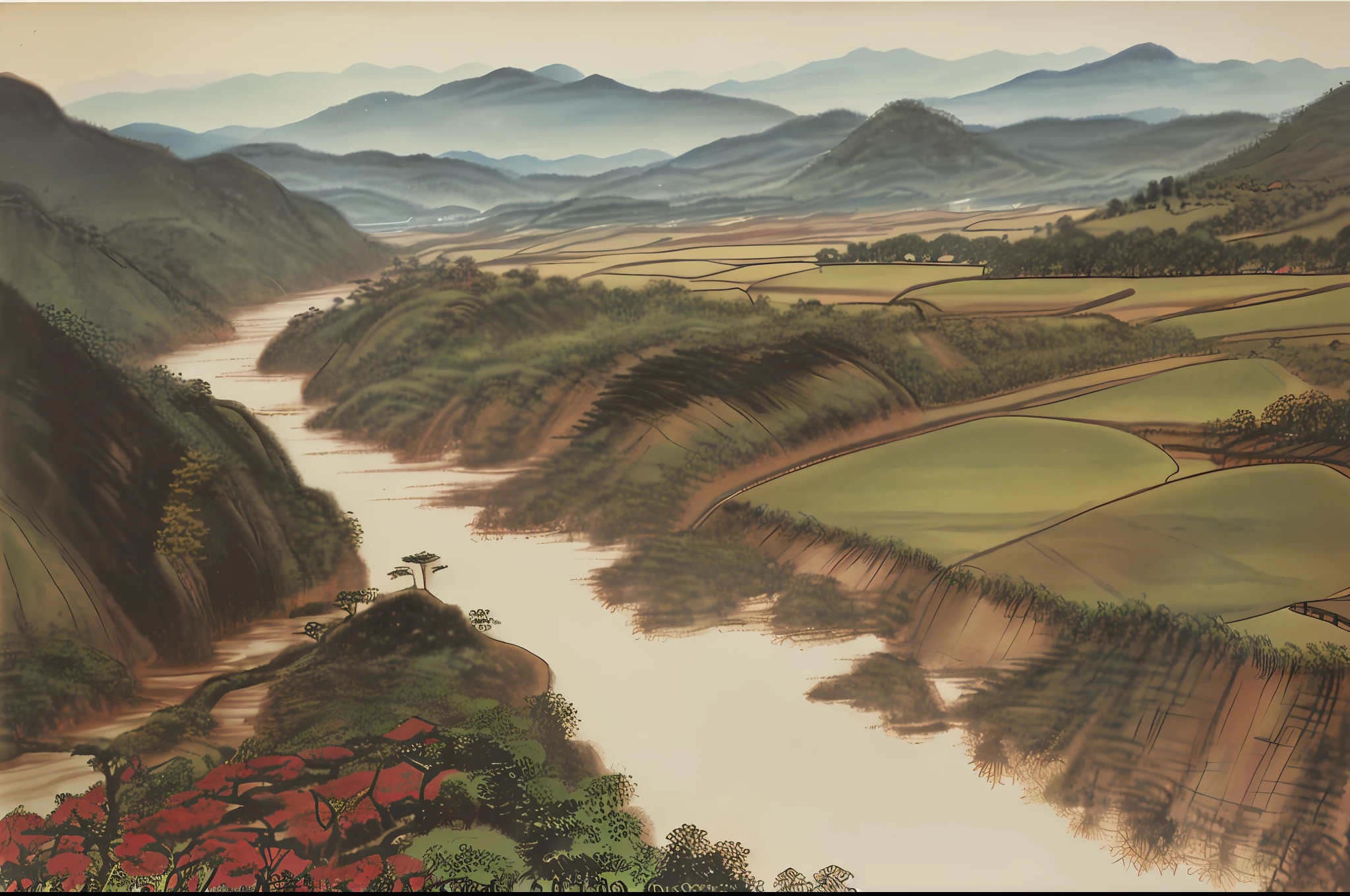 best quality, masterpiece, highres, shuimobysim, wuchangshuo, bonian, zhenbanqiao, badashanren, mountainous horizon, river, forest, village, sunset,
,