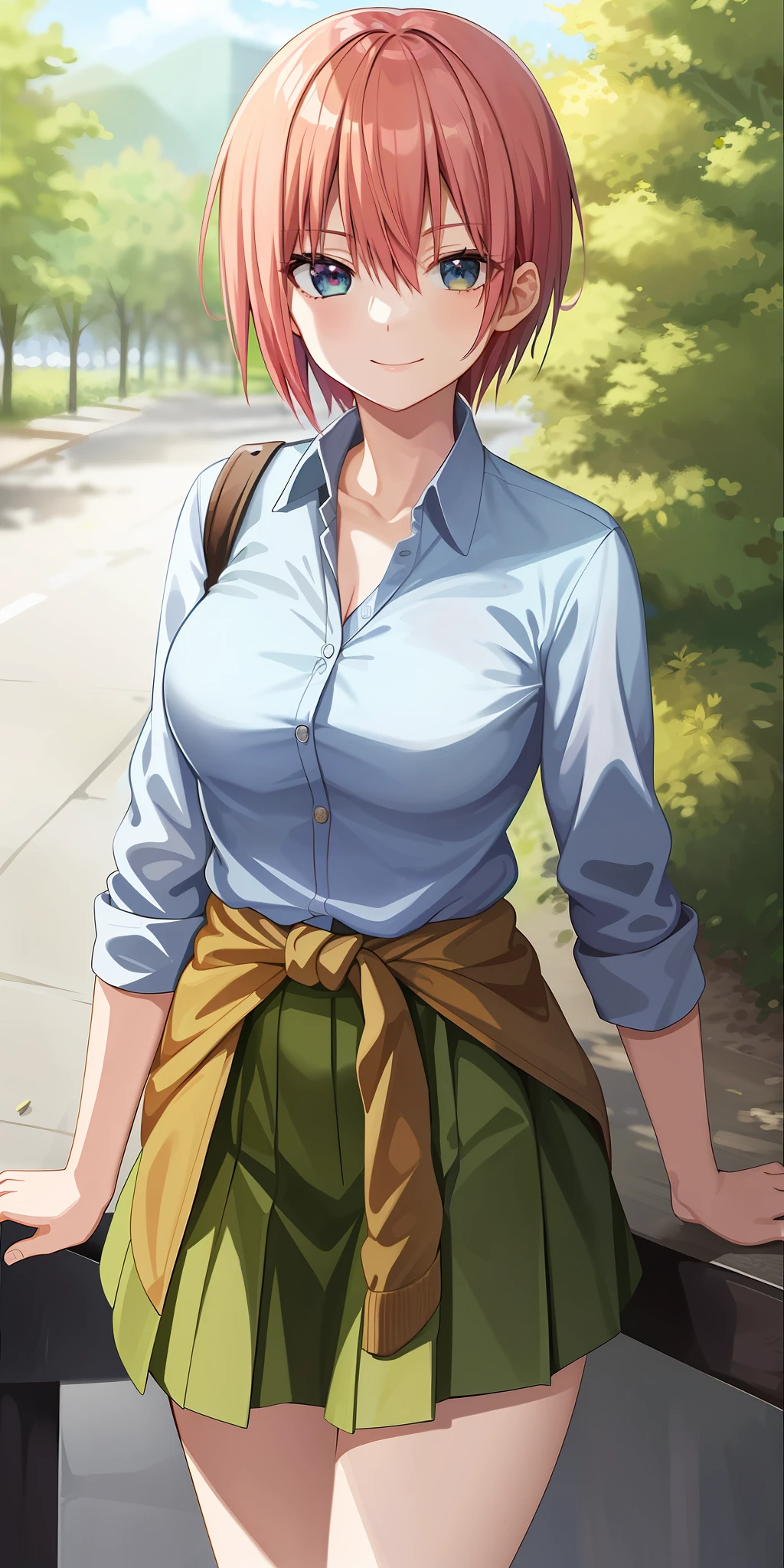 2d, masterpiece, best quality, anime, highly detailed, 1girl, solo, cowboy shot, nakano ichika, pink hair, short hair, cardigan around waist, collared shirt, green skirt, miniskirt, medium breasts, standing, school, outdoors, smile